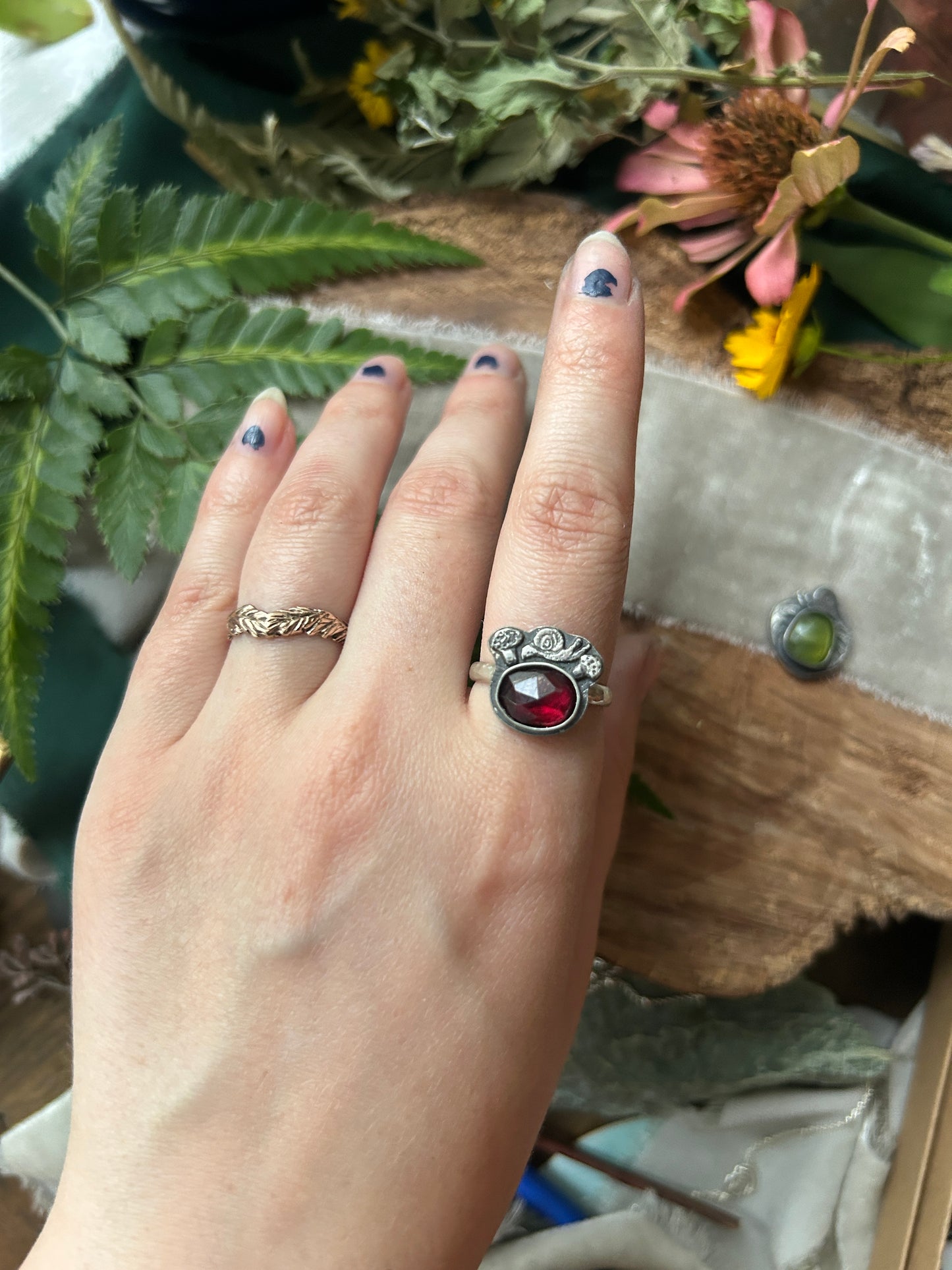 Woodland Snail with garnet or Vesuvianite- your choice of ring or pendant- sterling silver jewelry