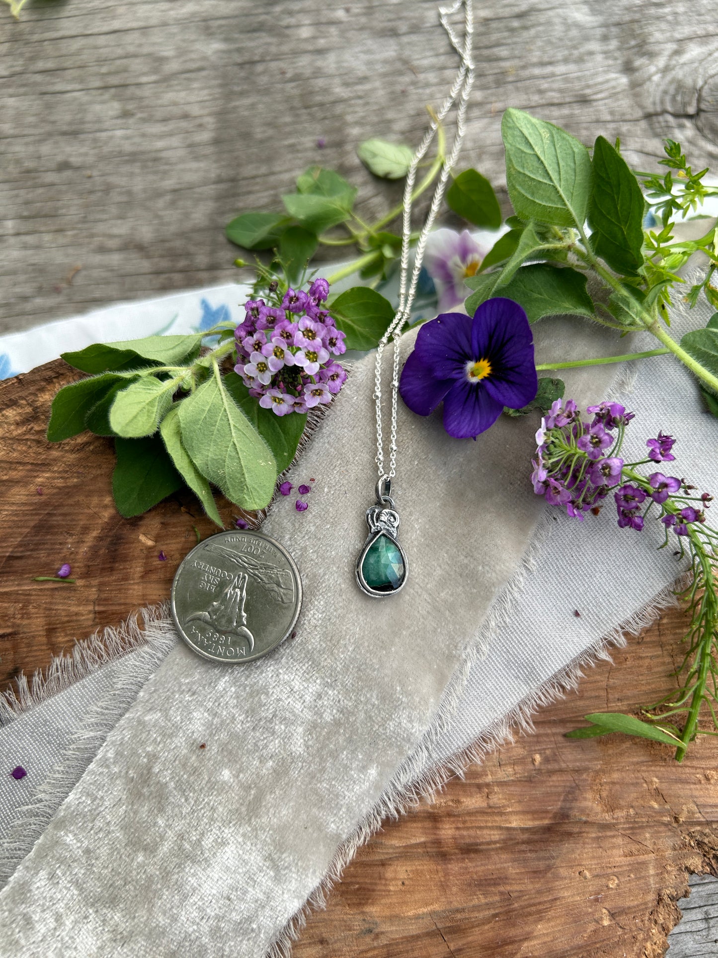 Emerald with snail necklace- sterling silver jewelry