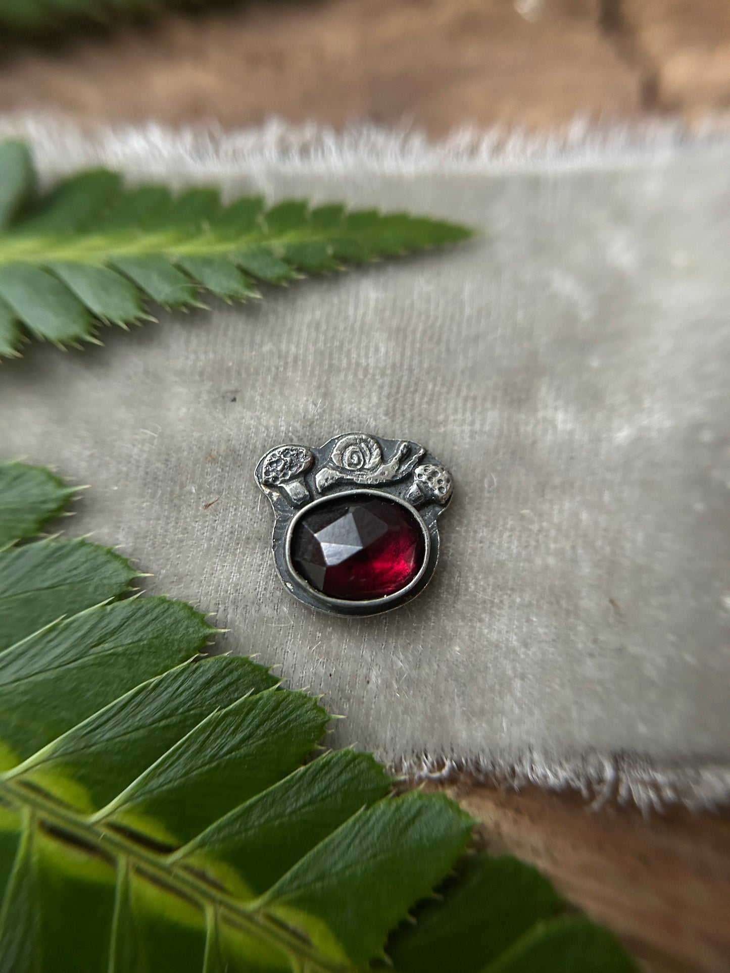 Woodland Snail with garnet or Vesuvianite- your choice of ring or pendant- sterling silver jewelry