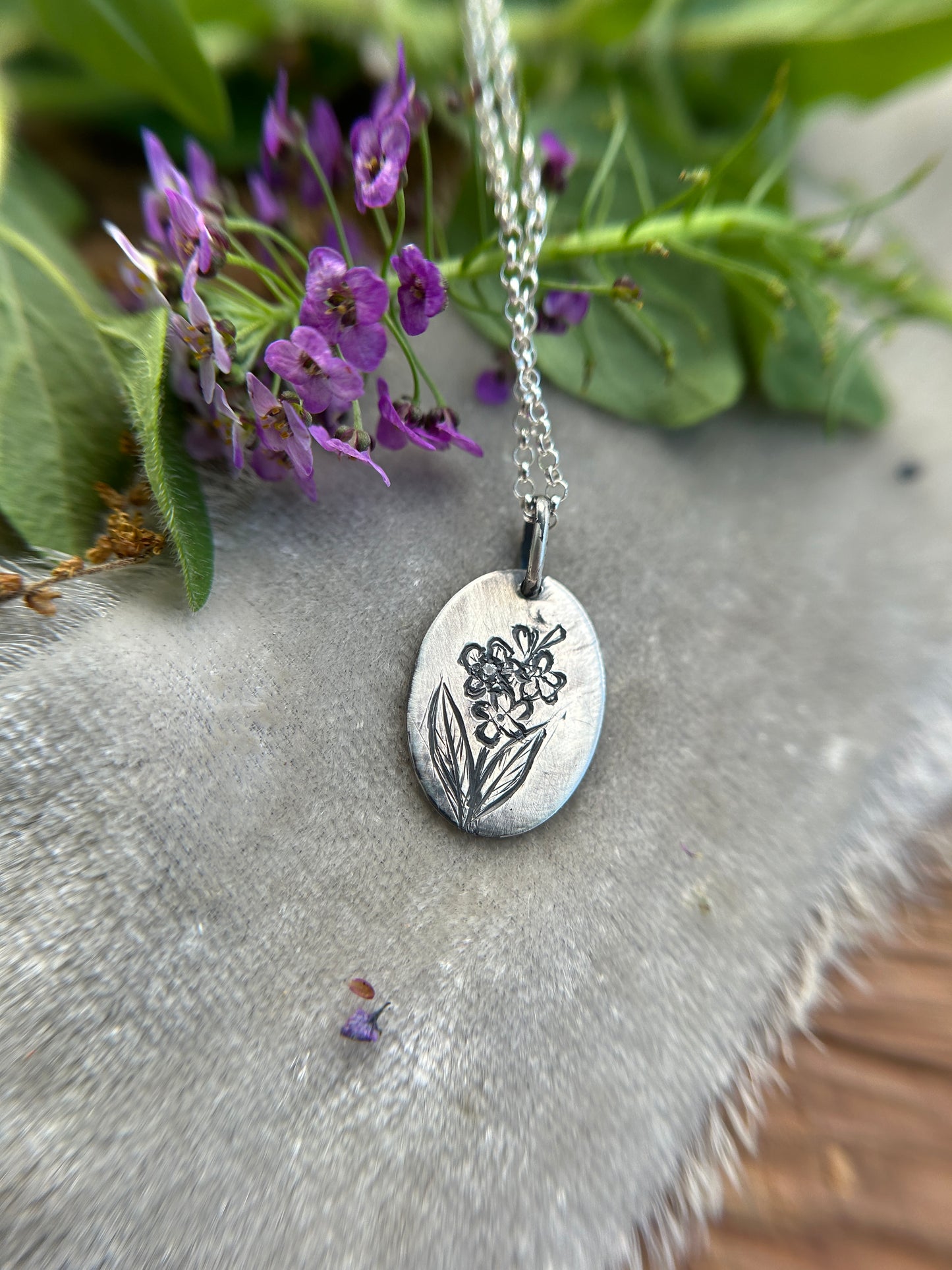 Engraved plant pendant with white sapphire necklace- sterling silver jewelry