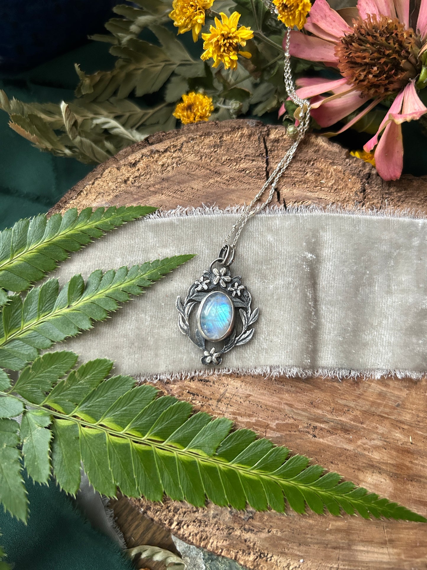Rainbow moonstone with star jasmine and Luna moth necklace- sterling silver jewelry