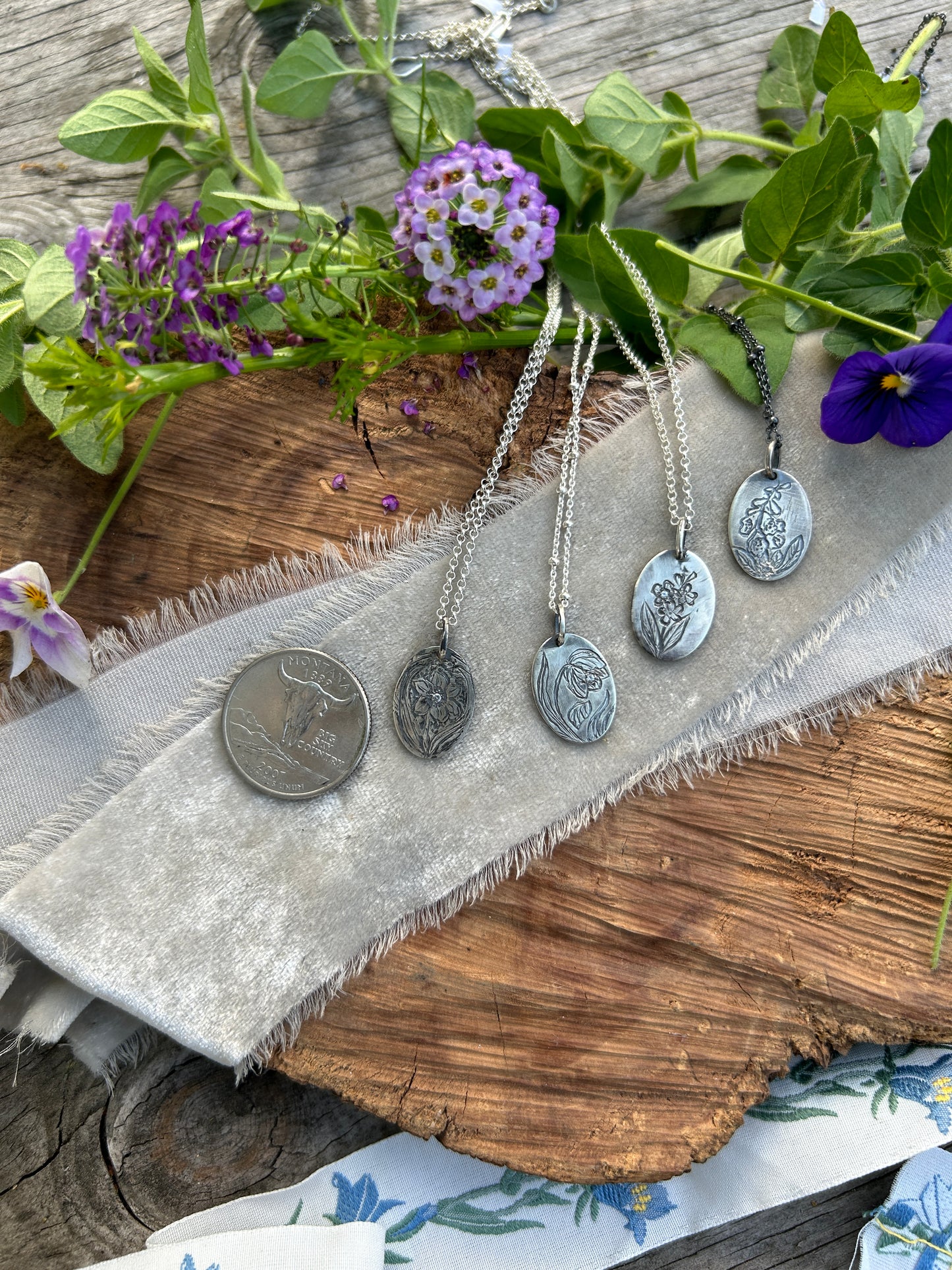 Engraved plant pendant with white sapphire necklace- sterling silver jewelry