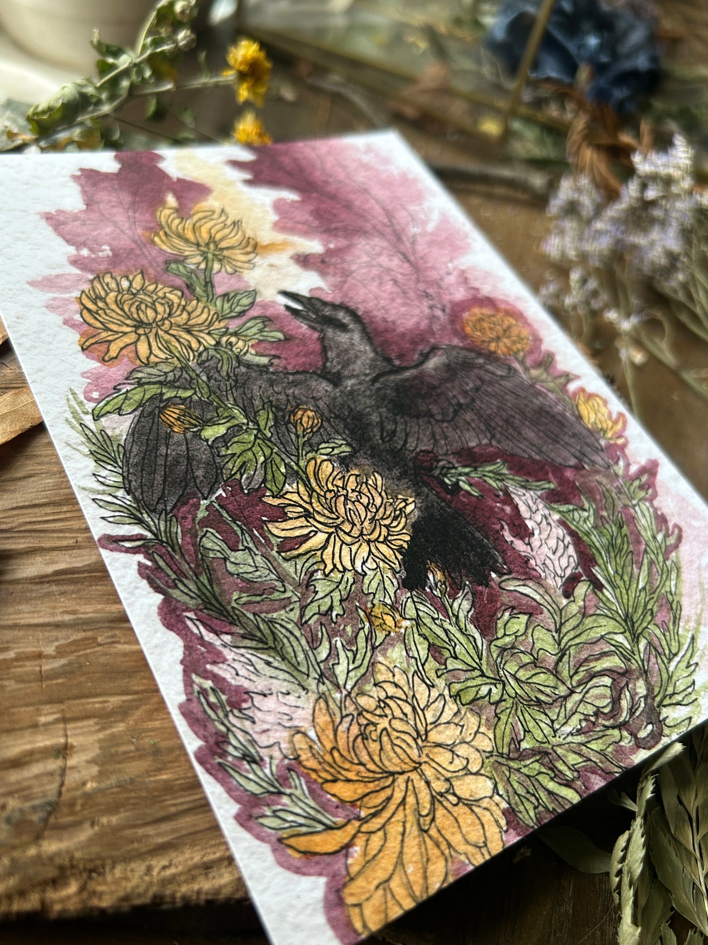 Art print- Crow and Autumn Garden- watercolor print 5x7 inches