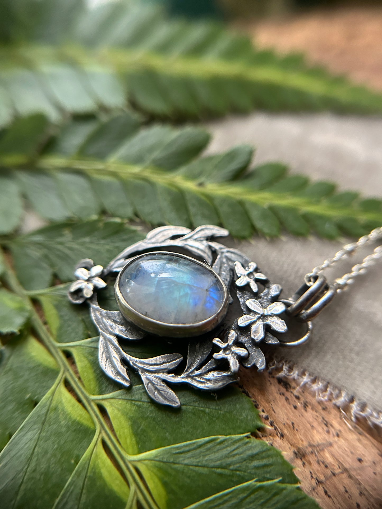 Rainbow moonstone with star jasmine and Luna moth necklace- sterling silver jewelry