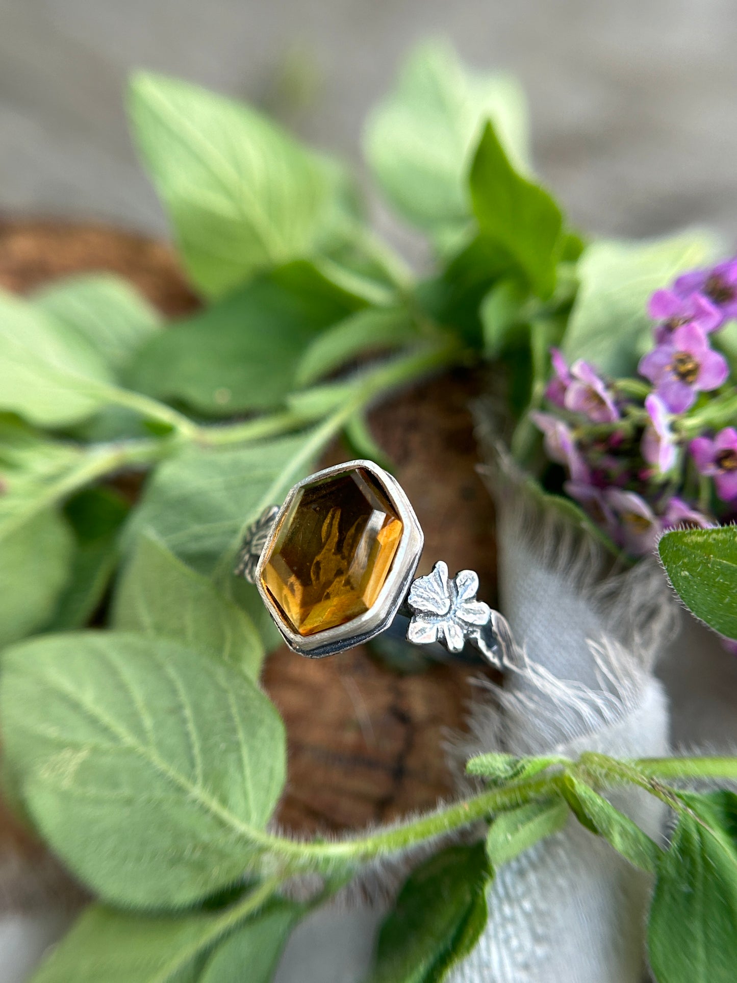 Rabbit and Daffodil citrine hexagon ring- sterling silver jewelry