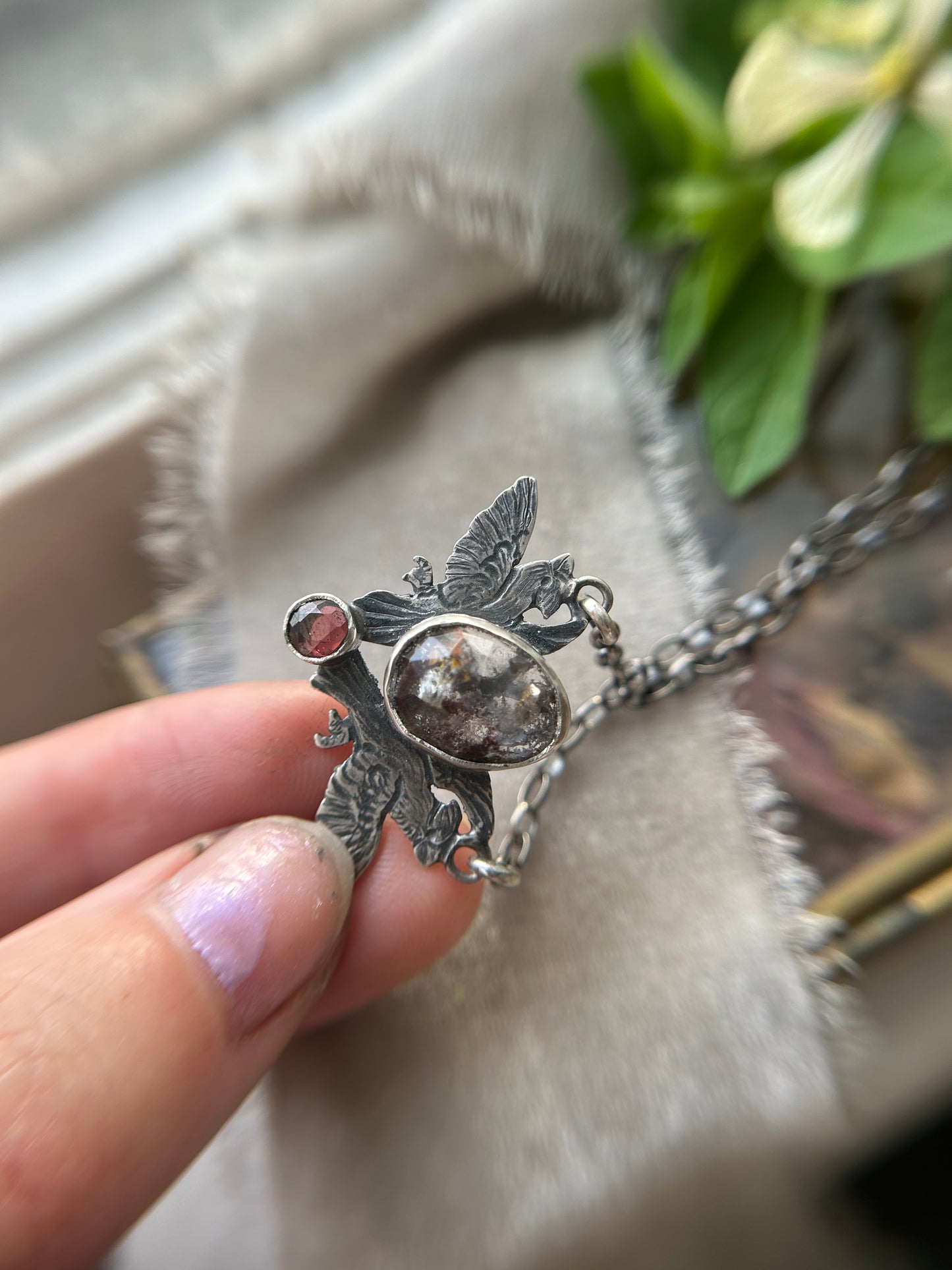 Cardinals with garden quartz and garnet necklace- sterling silver jewelry