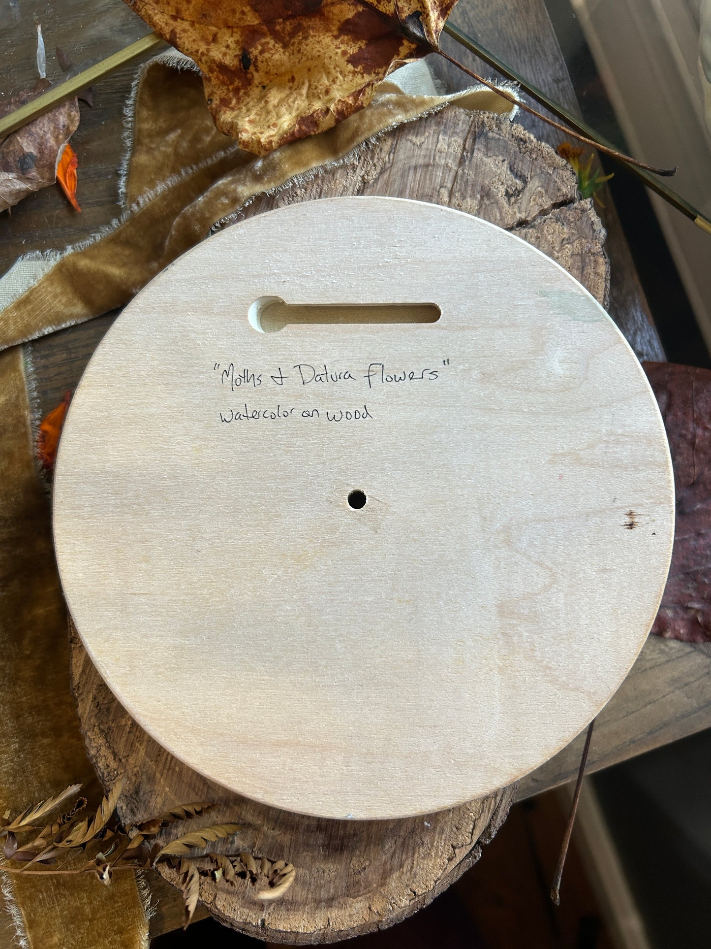 Sphynx Moths and Datura Blossoms- original watercolor on round wood panel