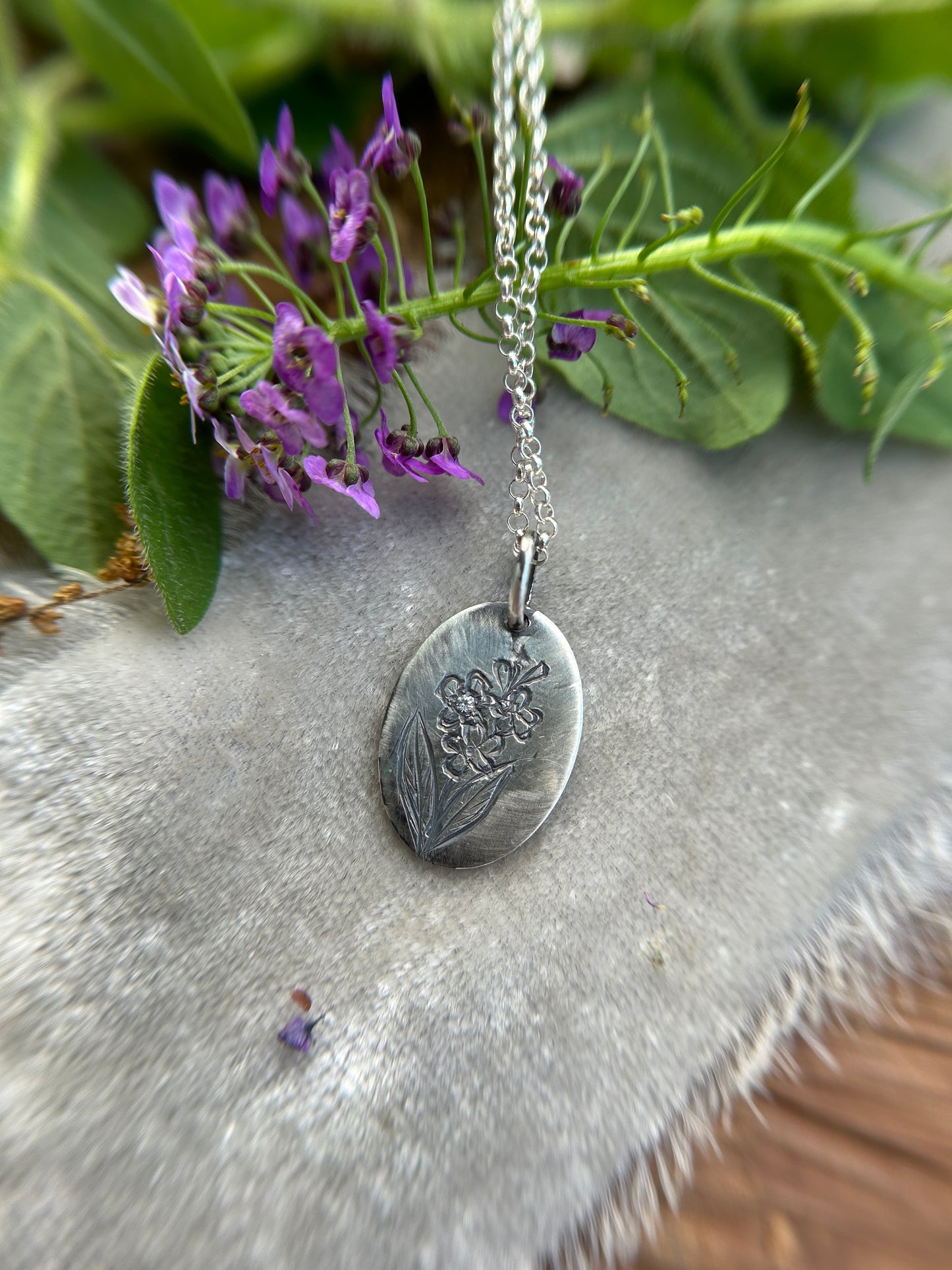 Engraved plant pendant with white sapphire necklace- sterling silver jewelry