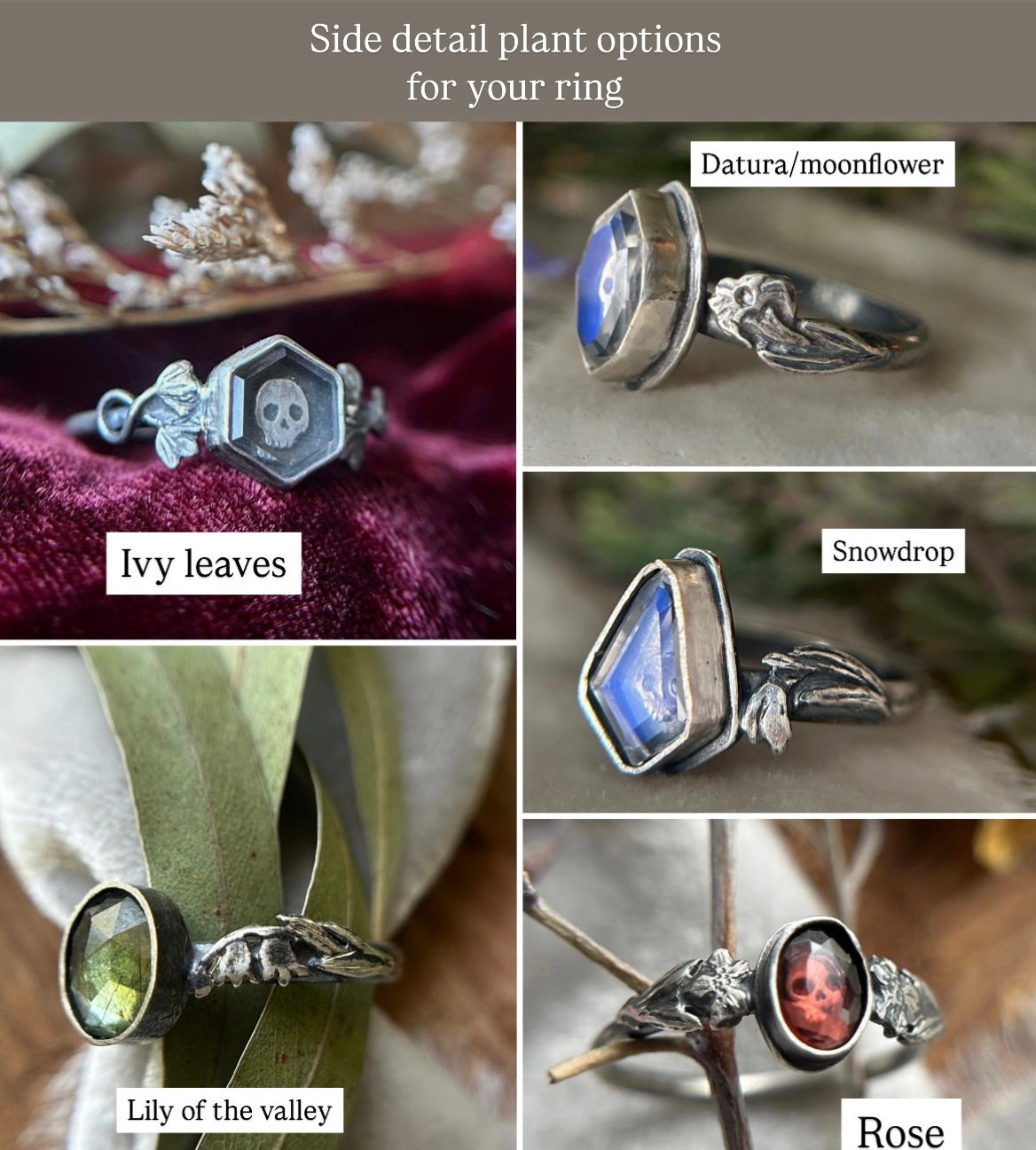 MADE TO ORDER- rainbow moonstone skull ring with choose your flower options- sterling silver