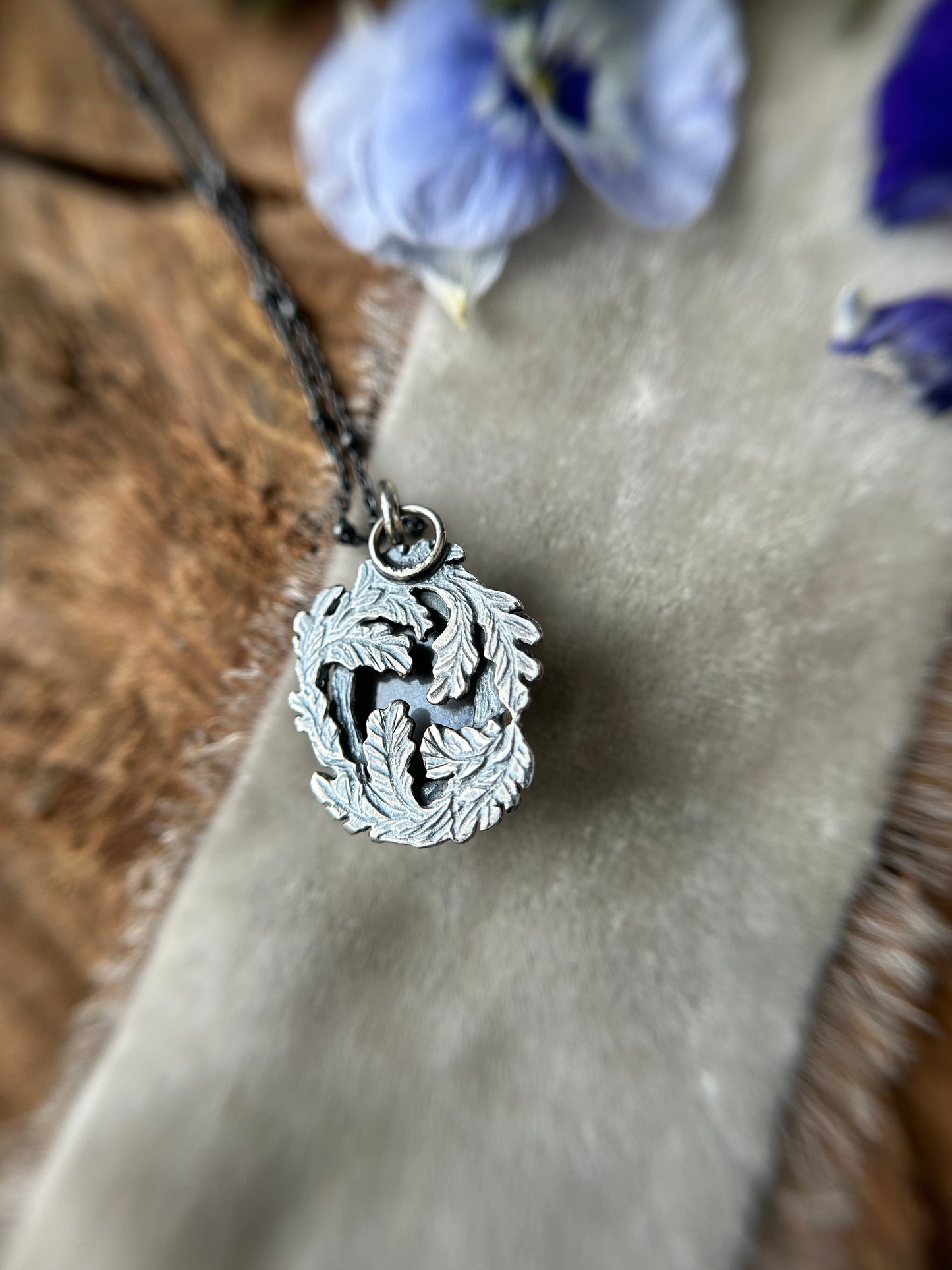 Grey Moonstone Forest Scrying Mirror Necklace- sterling silver