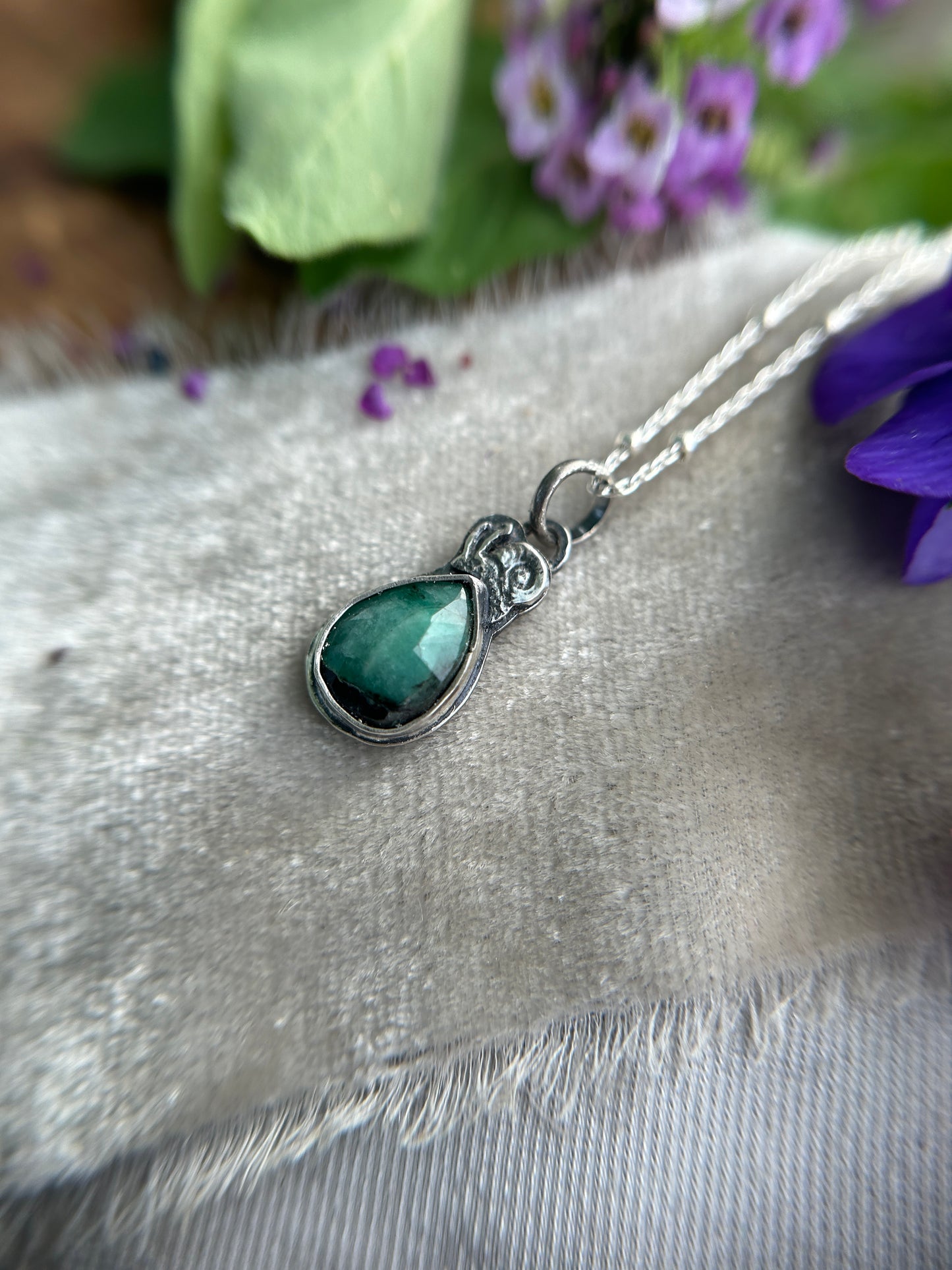 Emerald with snail necklace- sterling silver jewelry