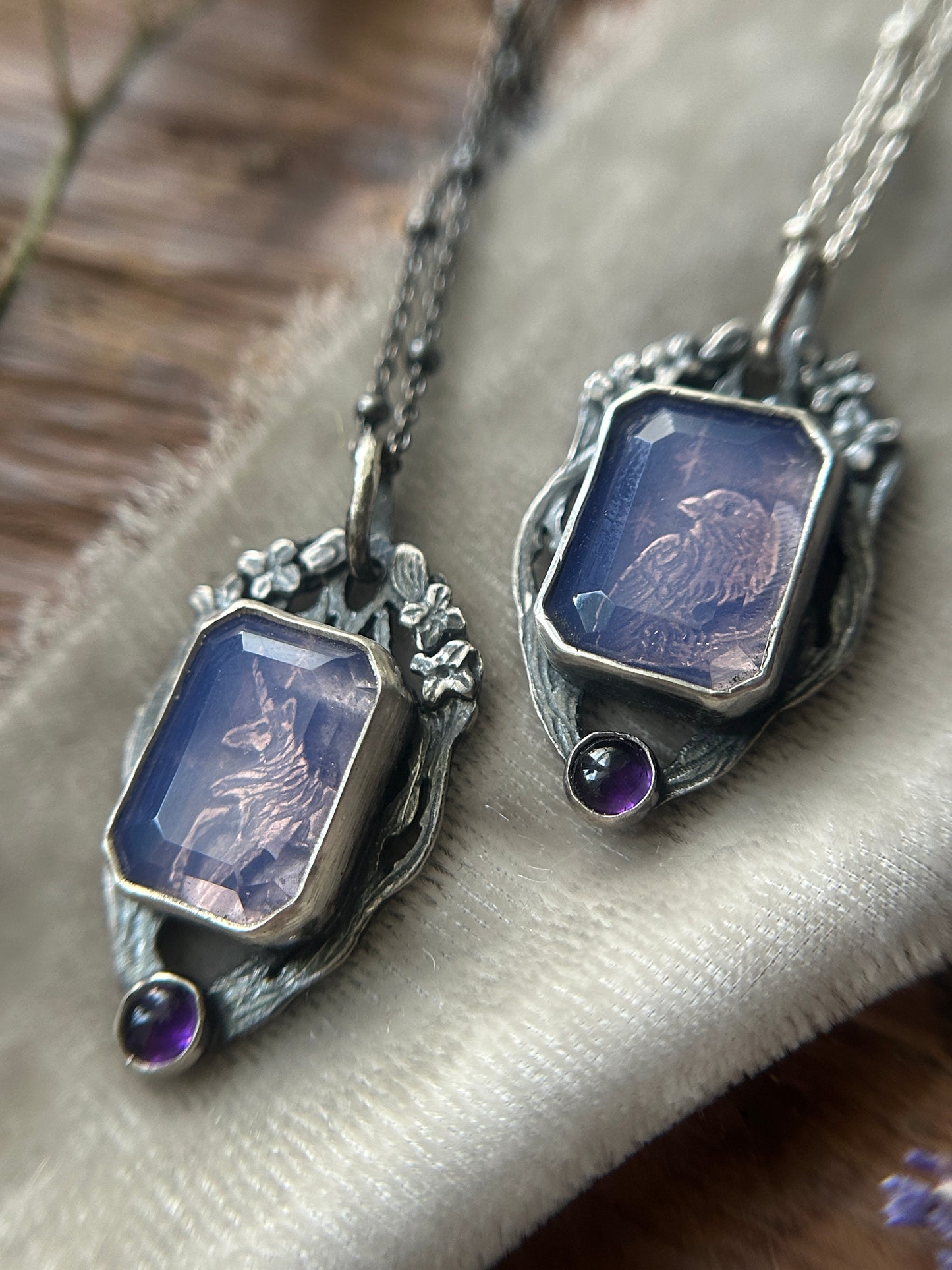 The Lilac Wood Unicorn (or other animal) under lavender quartz and amethyst Necklace- sterling silver jewelry