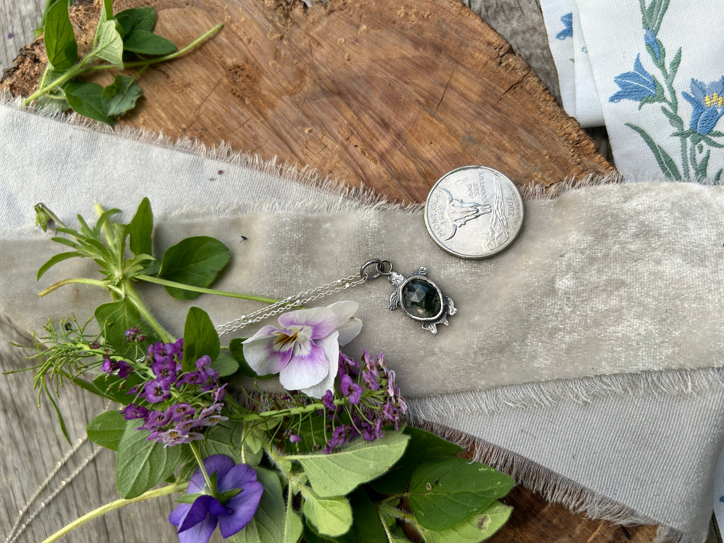 Swamp Turtle Necklace in moss agate- sterling silver