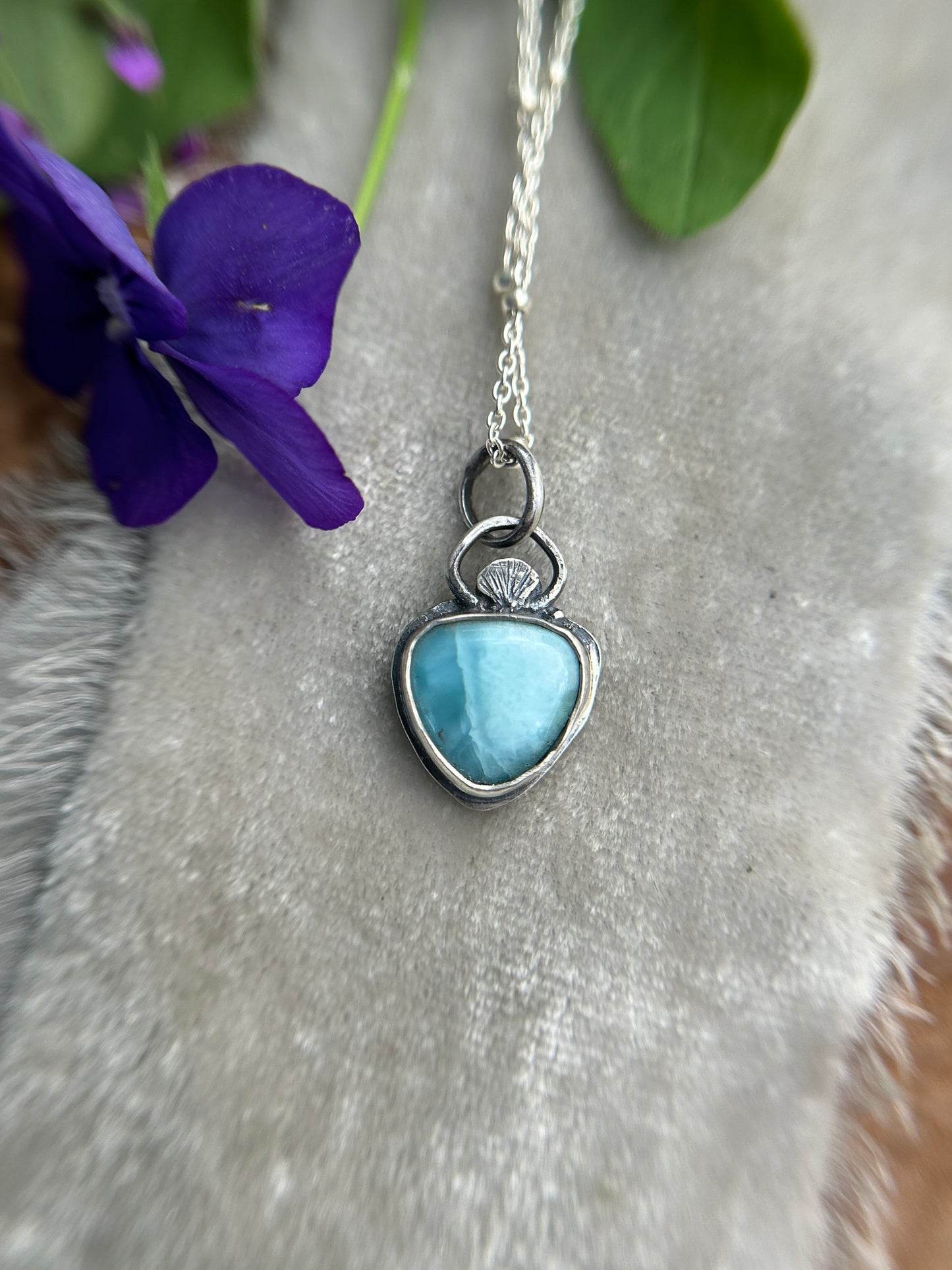 Larimar with Sea Shell Detail- Sterling silver necklace- metalsmith made