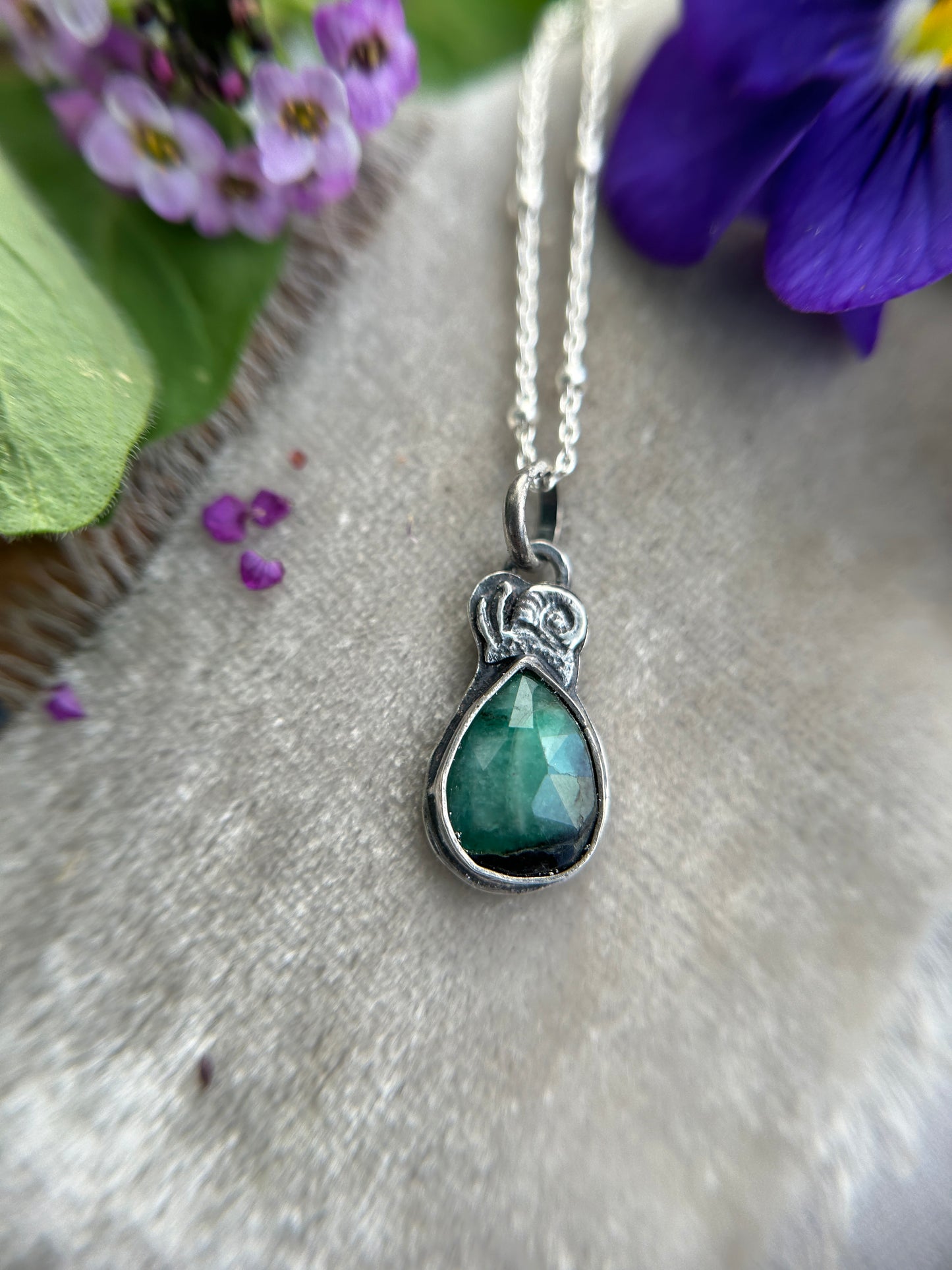 Emerald with snail necklace- sterling silver jewelry