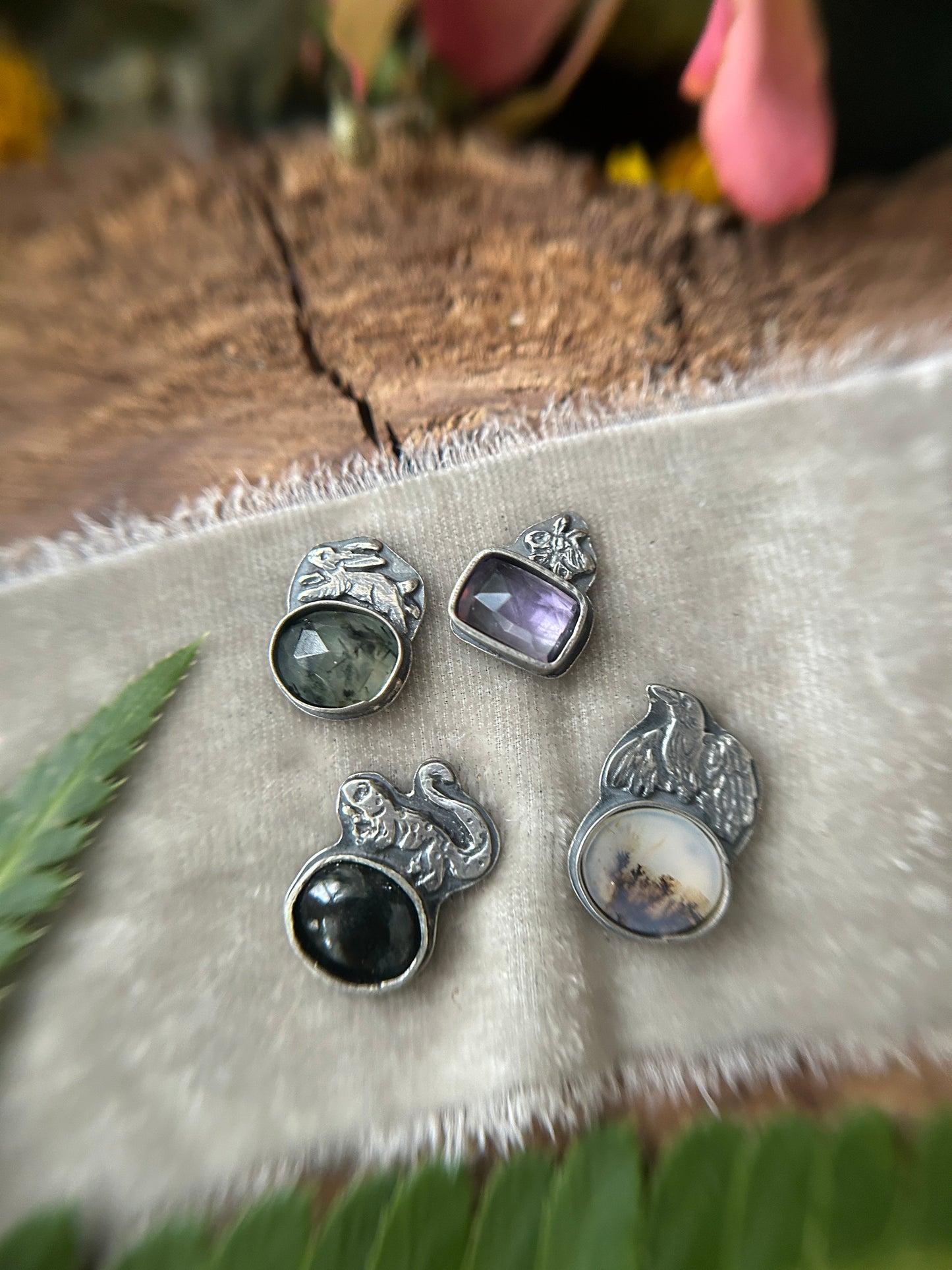Woodland creature with gemstone- your choice of ring or pendant- sterling silver jewelry