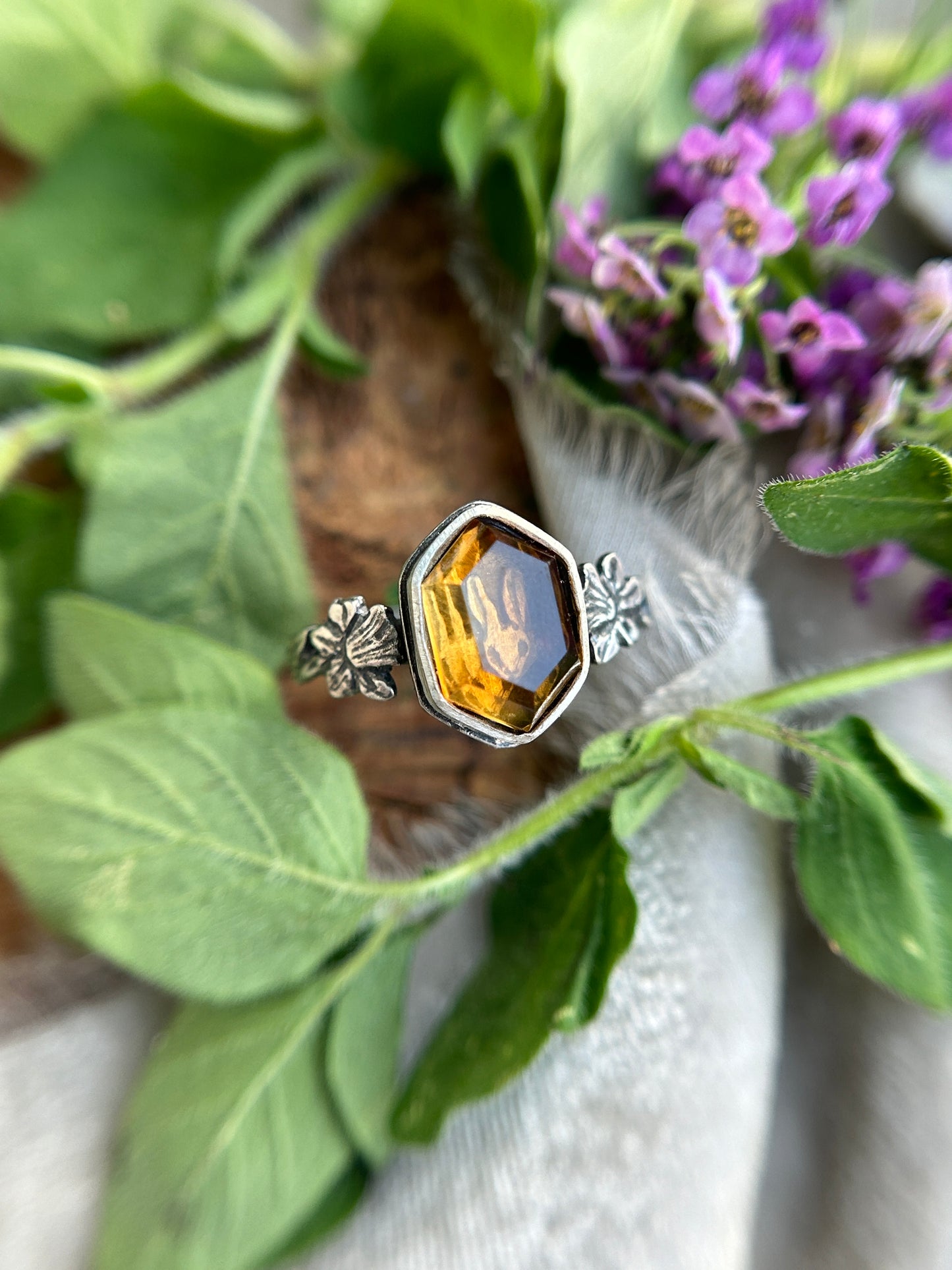Rabbit and Daffodil citrine hexagon ring- sterling silver jewelry