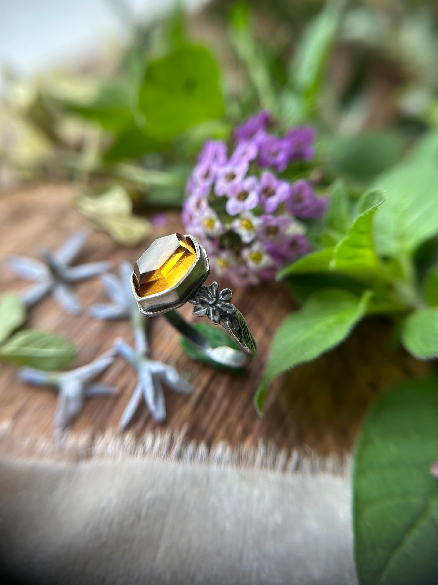 Rabbit and Daffodil citrine hexagon ring- sterling silver jewelry