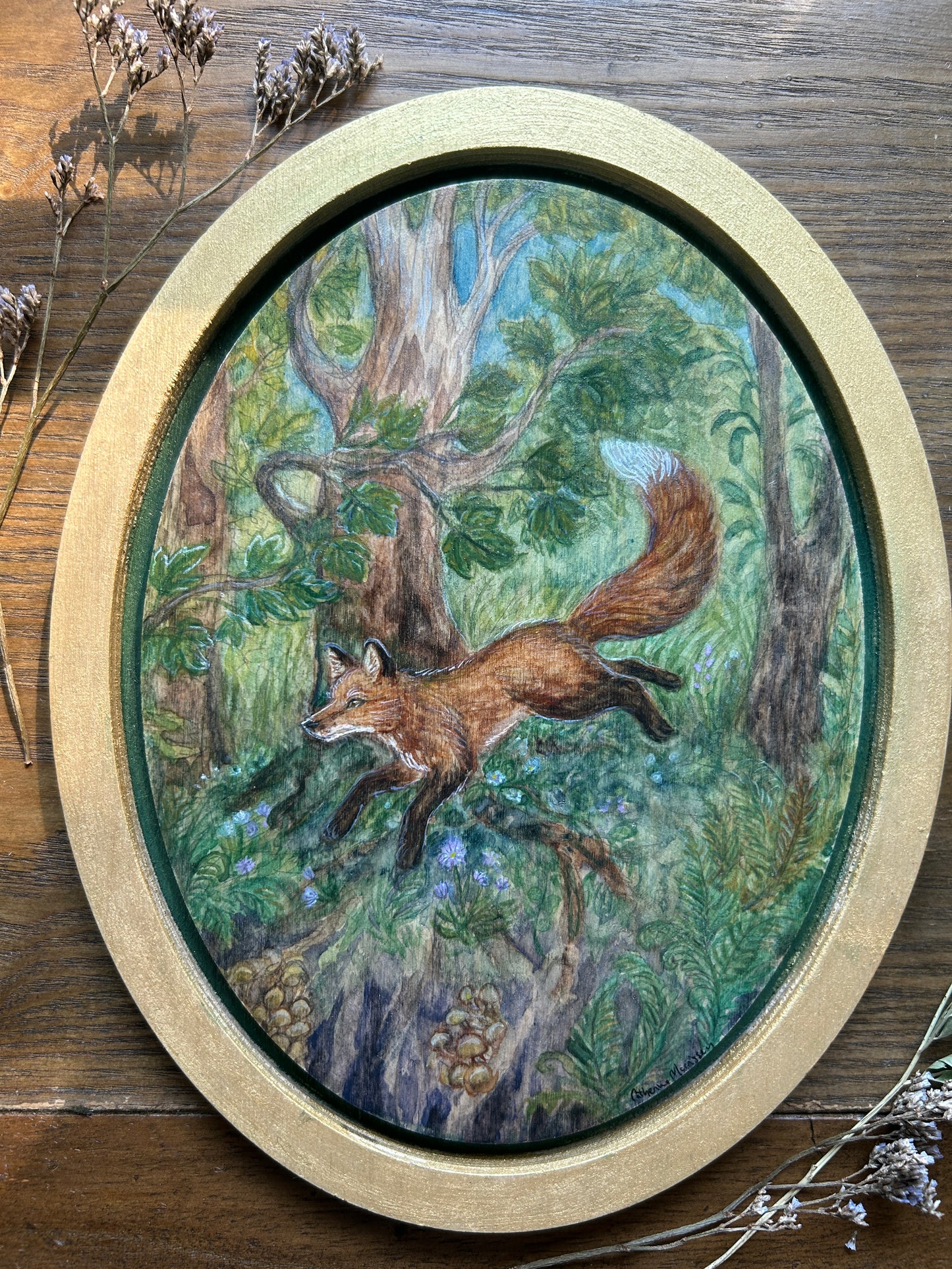 Fox Frolic through the Forest- Original watercolor painting on wood- oval shaped floating frame painting