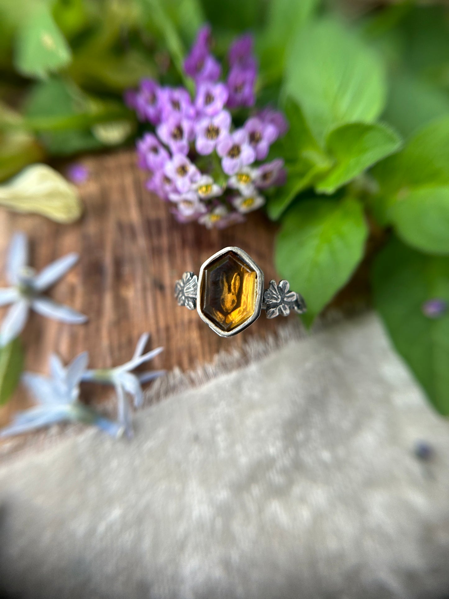 Rabbit and Daffodil citrine hexagon ring- sterling silver jewelry