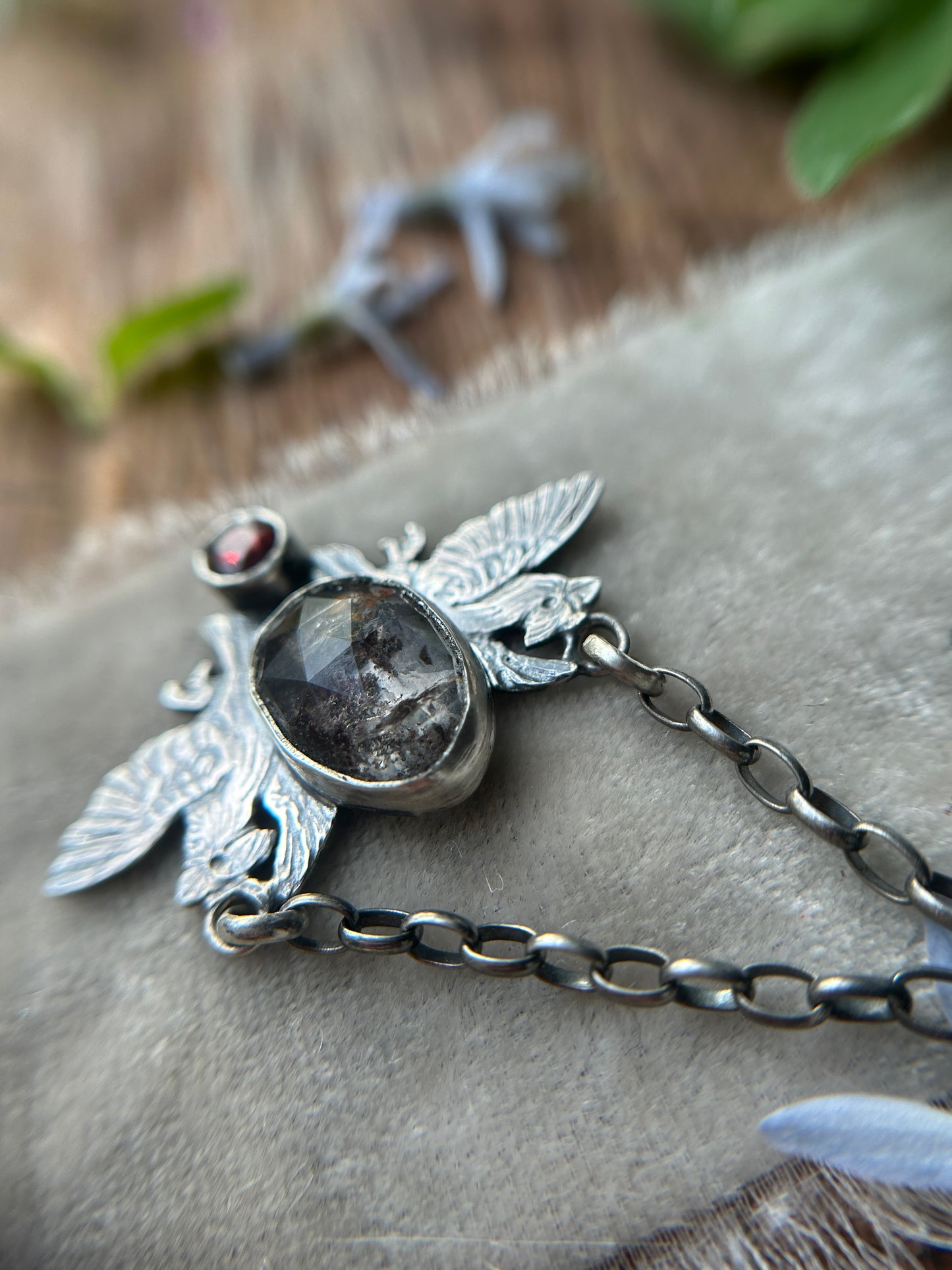 Cardinals with garden quartz and garnet necklace- sterling silver jewelry