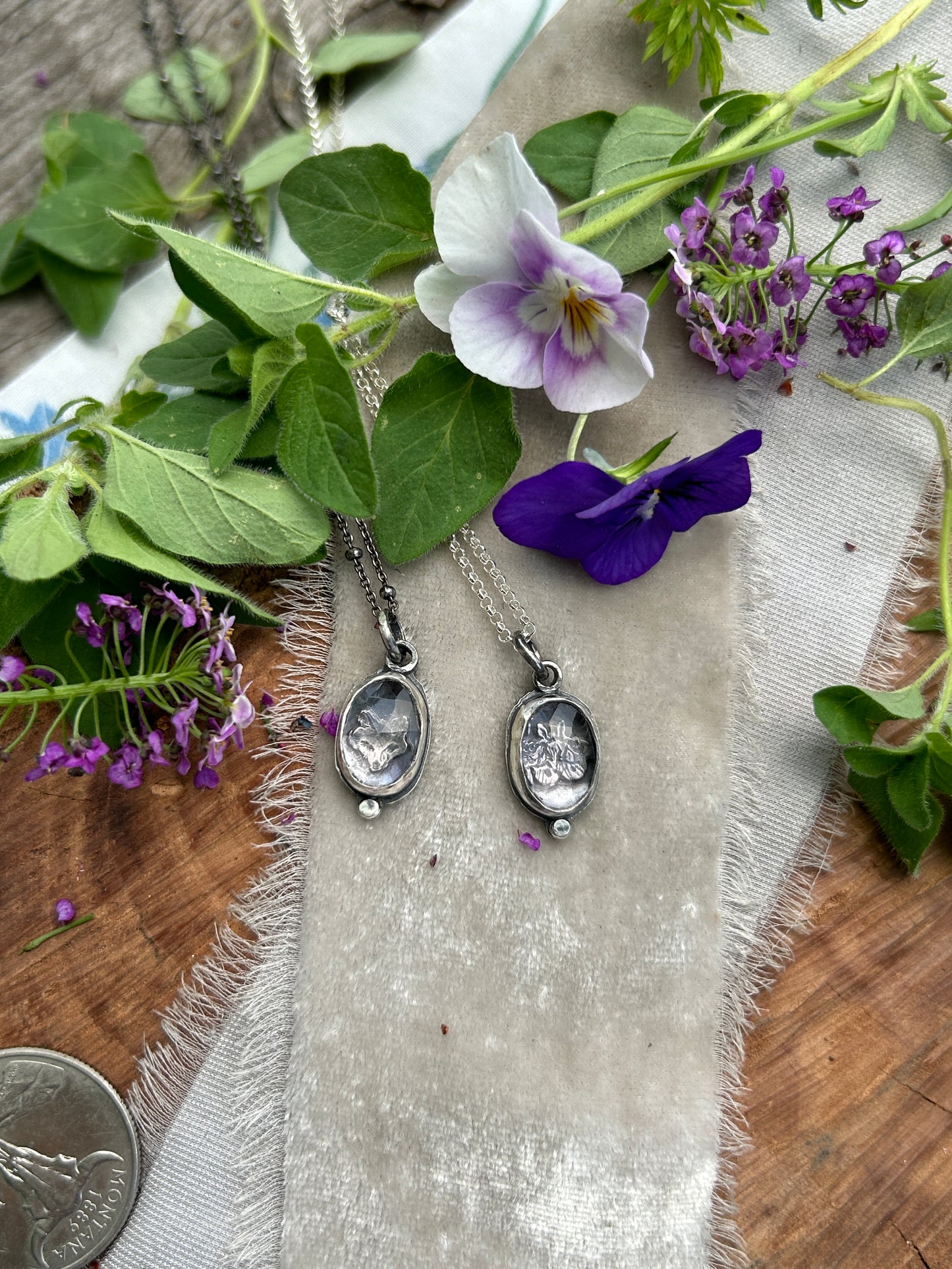 Mini amethyst with fox or moth woodland animal necklace- sterling silver jewelry