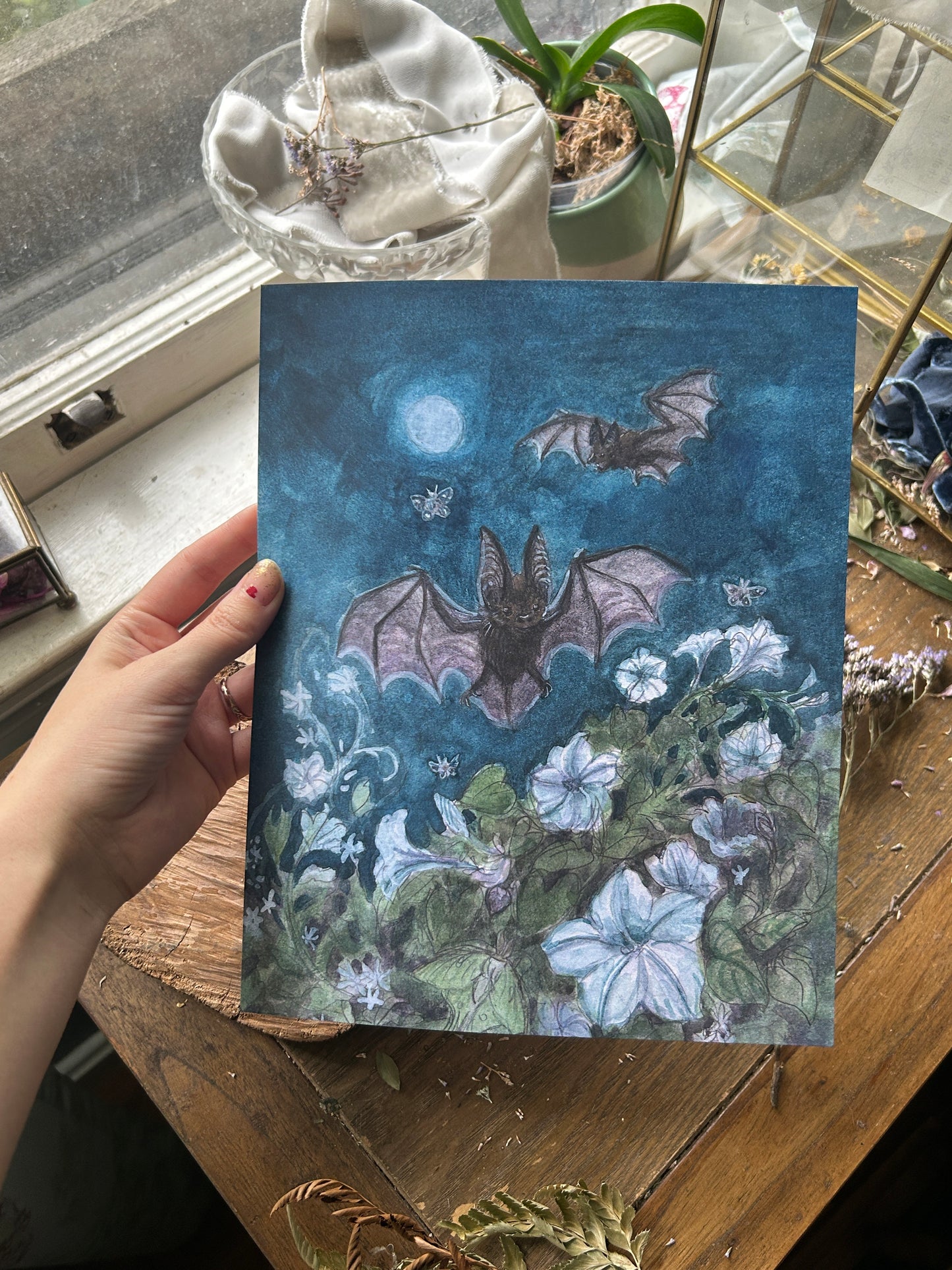 Art print-moonlit garden among bats & moths with moonflowers and star jasmine- 8x10 inches watercolor print