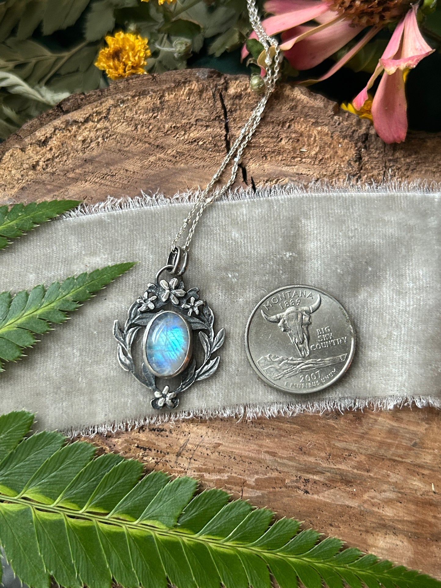 Rainbow moonstone with star jasmine and Luna moth necklace- sterling silver jewelry