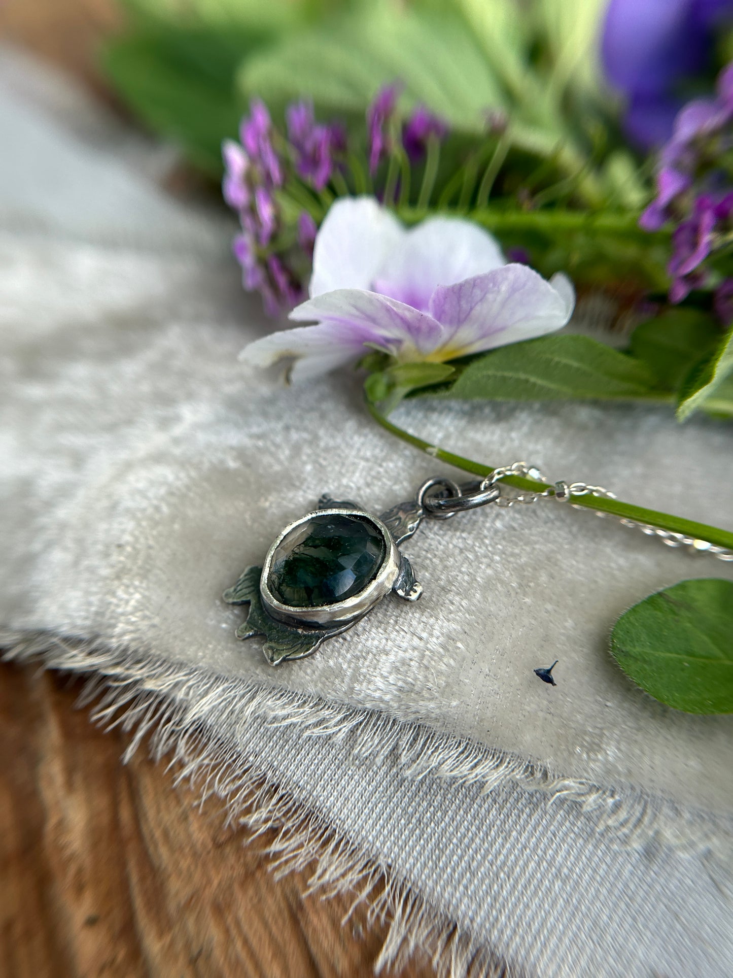 Swamp Turtle Necklace in moss agate- sterling silver