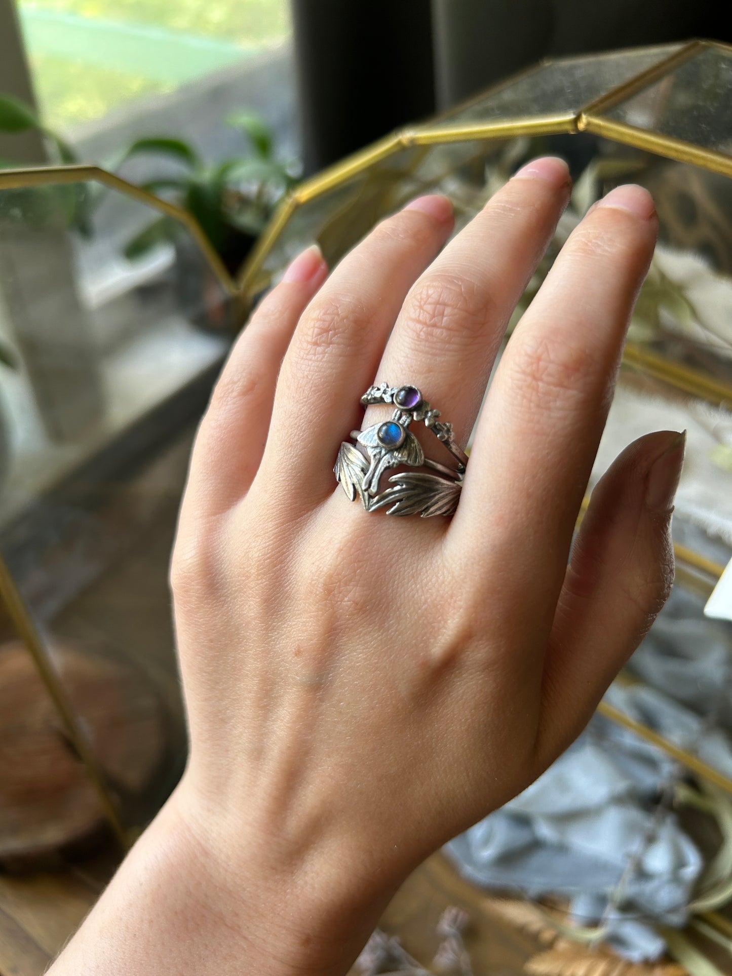 Luna moth ring with choice of gemstone sterling silver jewelry