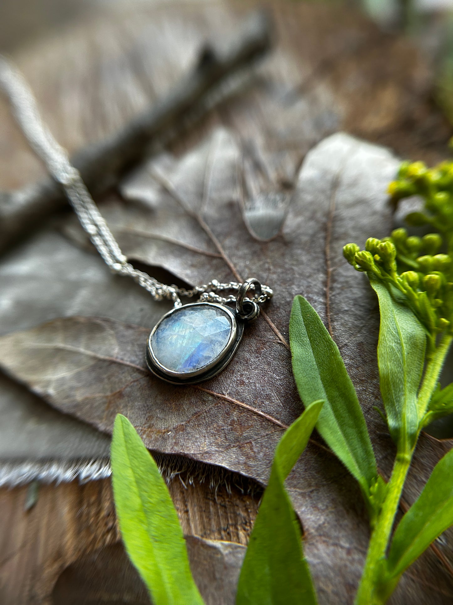Rainbow moonstone hidden oak & acorn necklace- Sterling silver jewelry