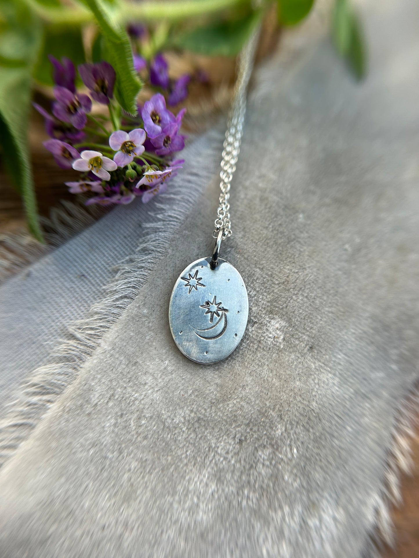 Engraved plant pendant with white sapphire necklace- sterling silver jewelry