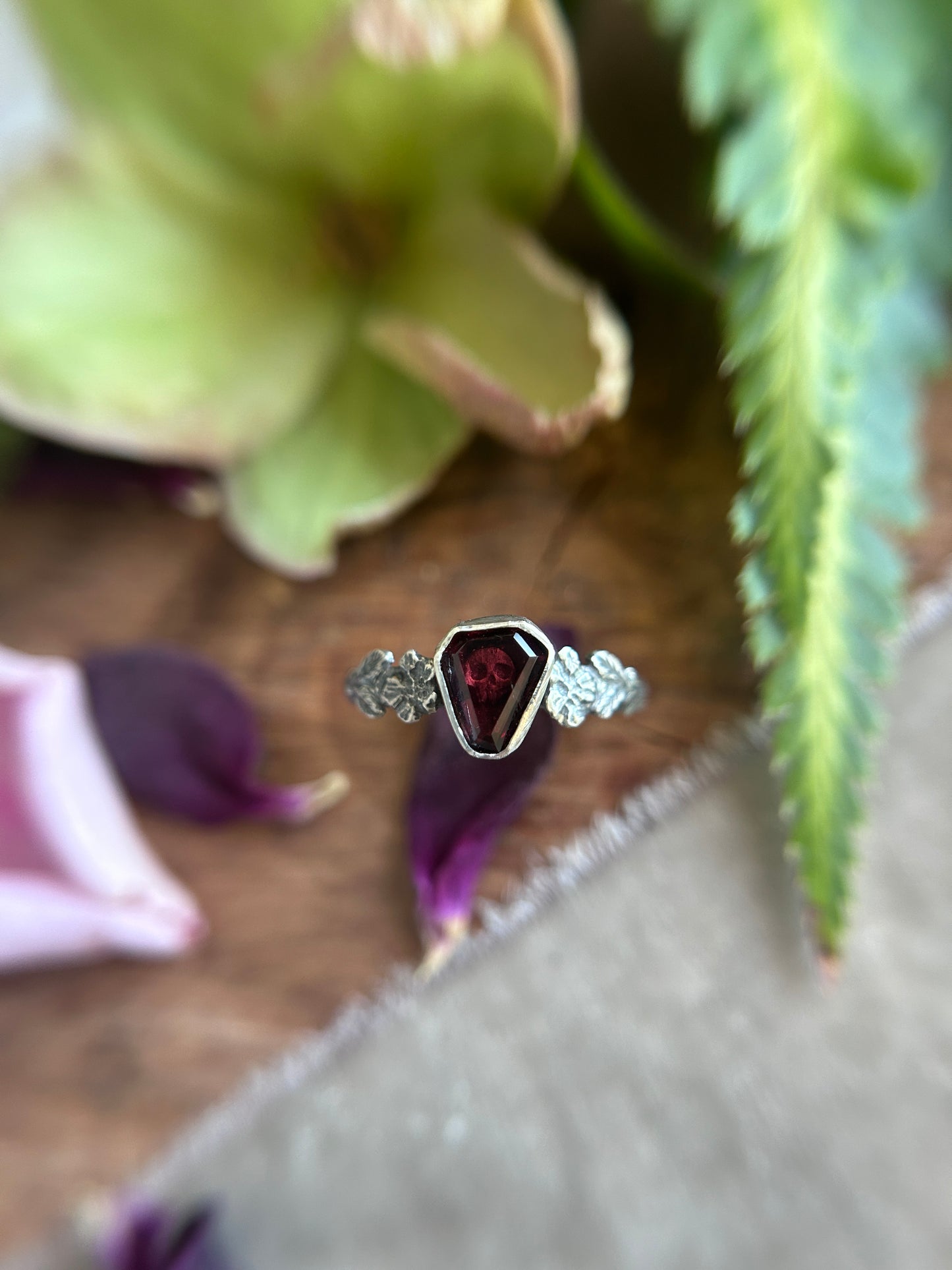 Wild roses & skull ring with portrait cut coffin garnet- Sterling silver jewelry