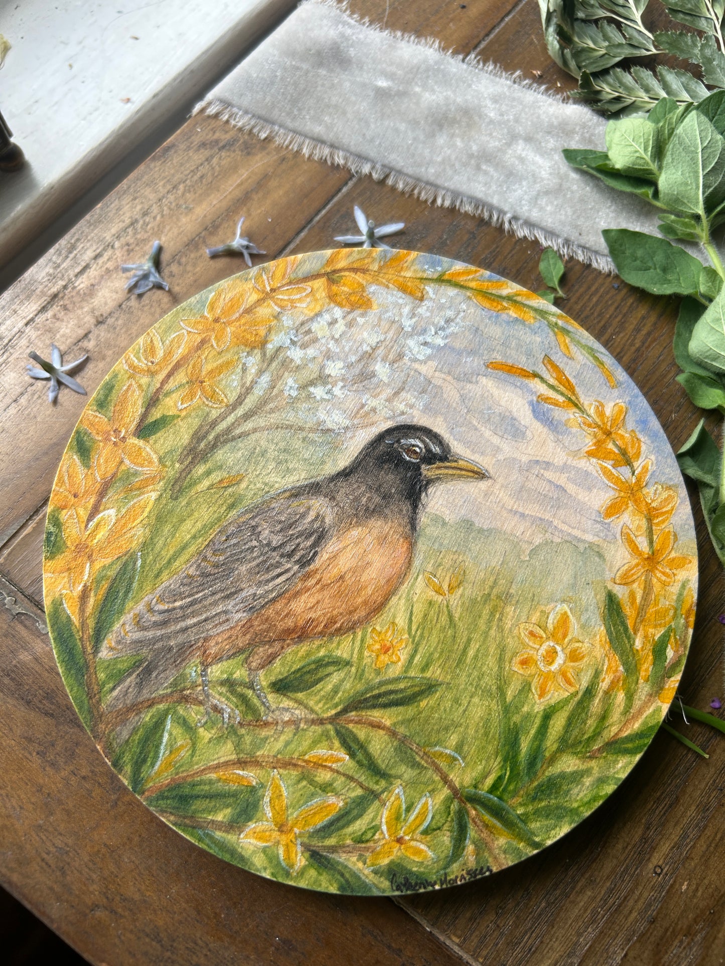 Original watercolor painting- Forsythia and Robin Spring- watercolor on round wood panel