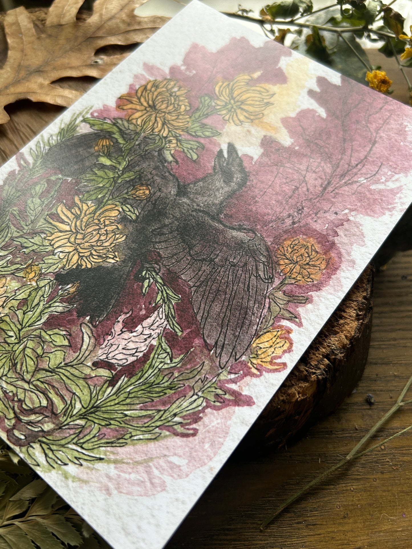 Art print- Crow and Autumn Garden- watercolor print 5x7 inches