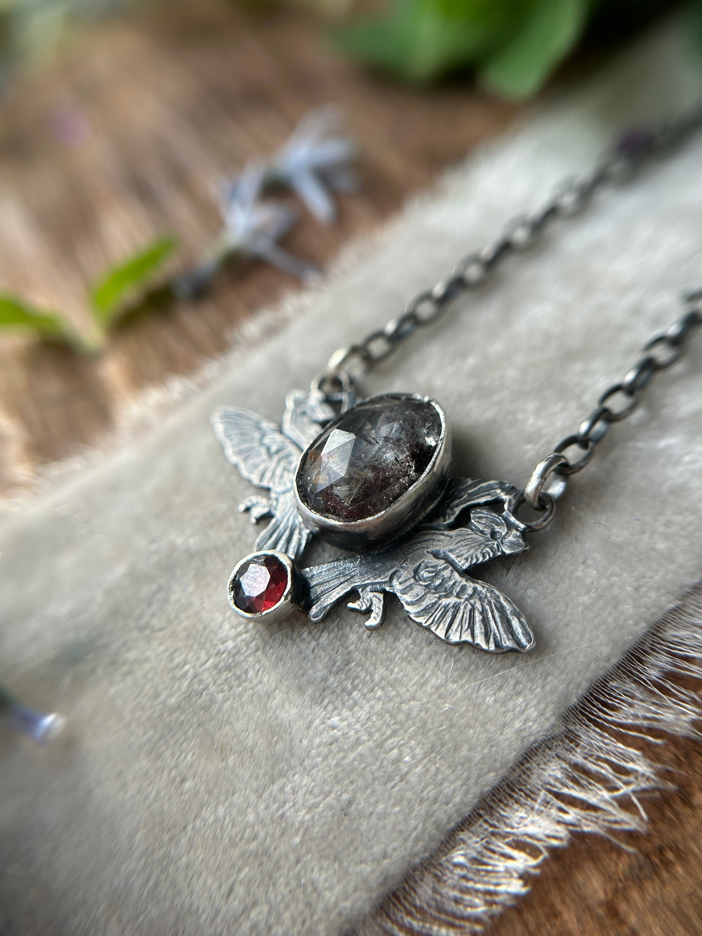 Cardinals with garden quartz and garnet necklace- sterling silver jewelry