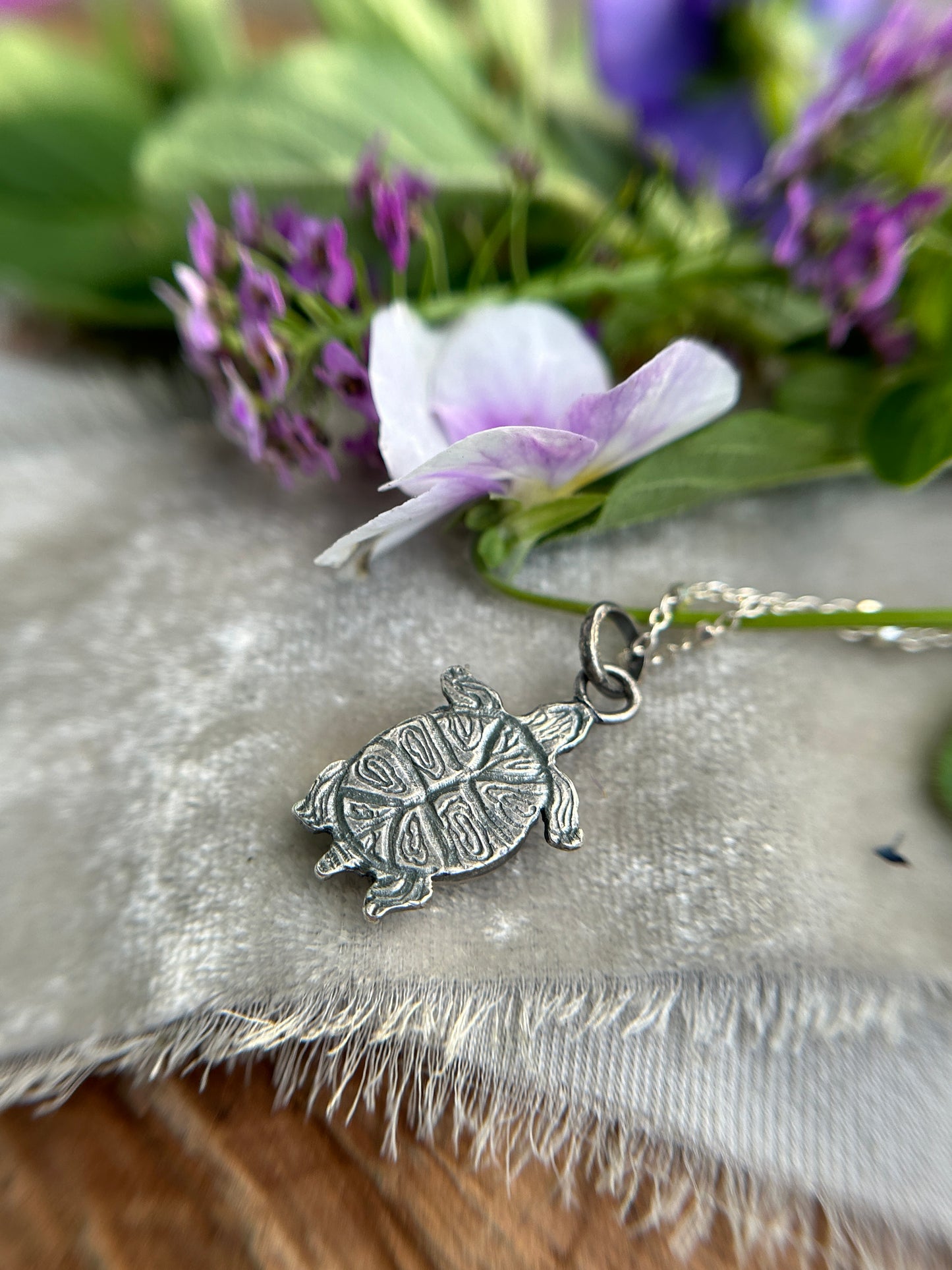 Swamp Turtle Necklace in moss agate- sterling silver