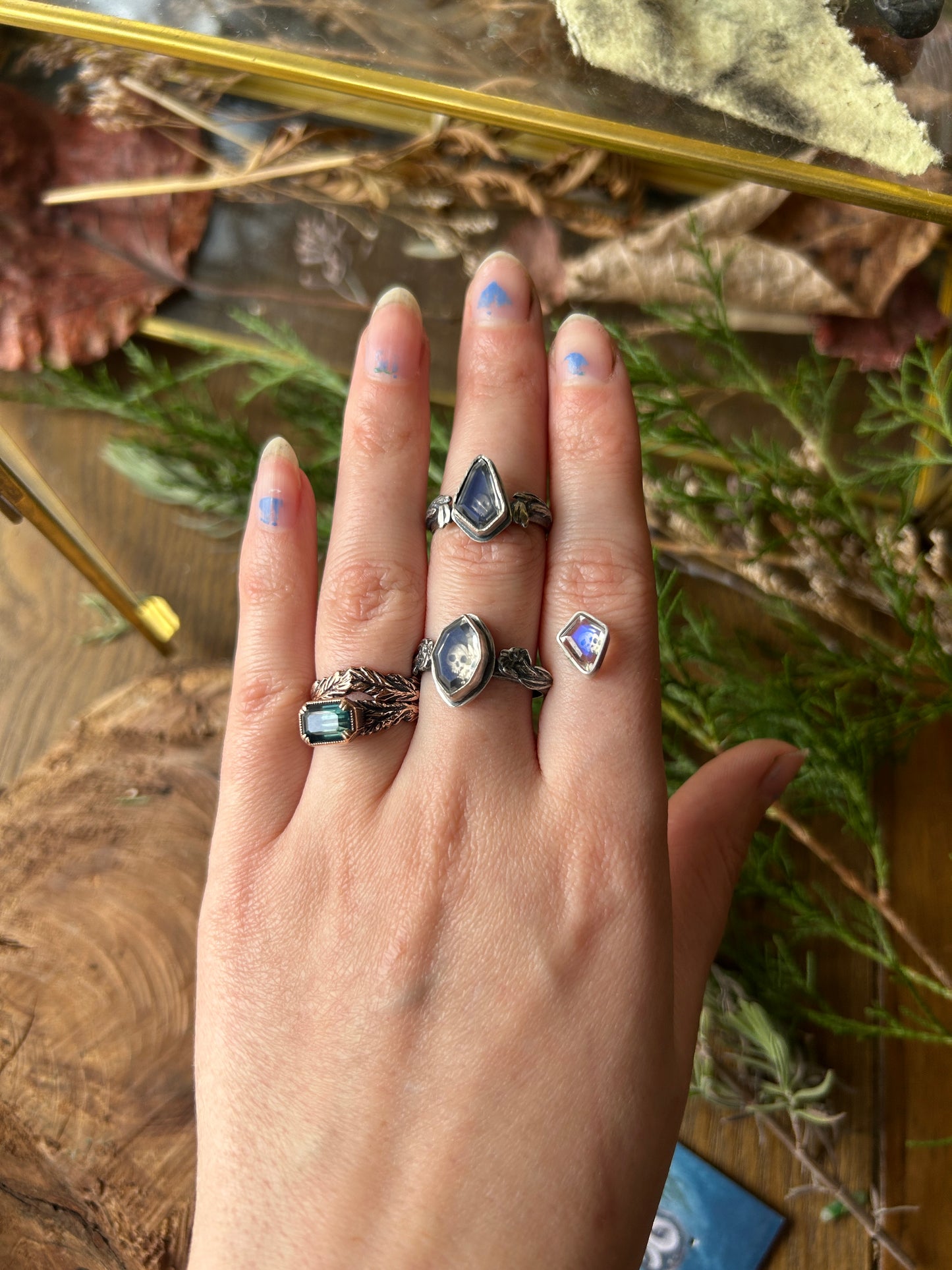MADE TO ORDER- rainbow moonstone skull ring with choose your flower options- sterling silver