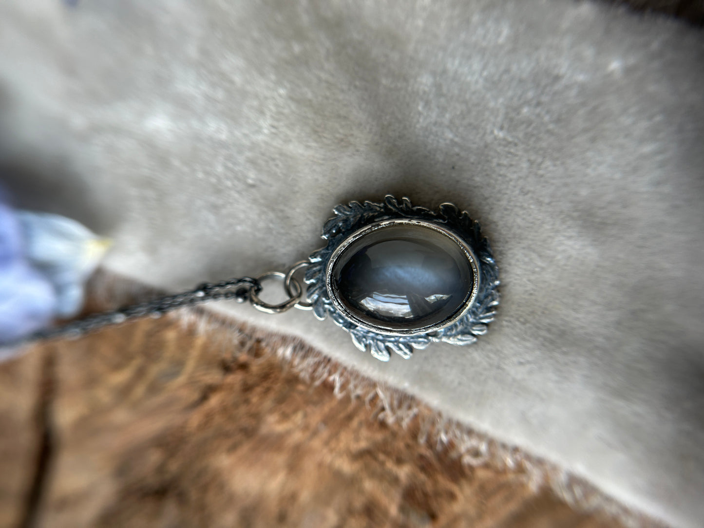 Grey Moonstone Forest Scrying Mirror Necklace- sterling silver