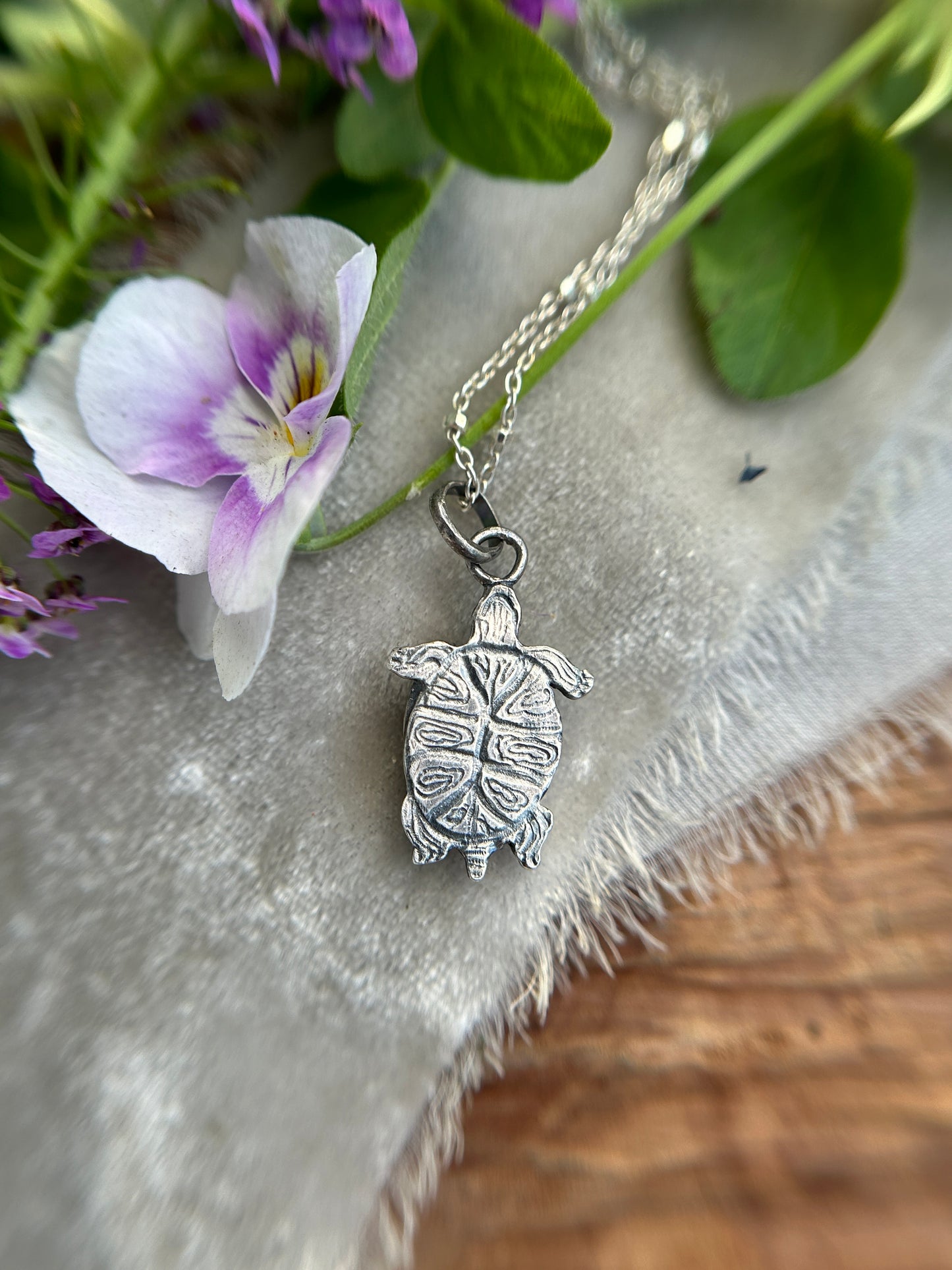 Swamp Turtle Necklace in moss agate- sterling silver