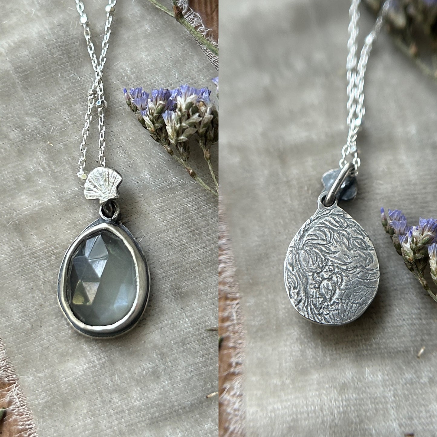 "Mini" weeping willow & urn grey moonstone necklace- sterling silver jewelry