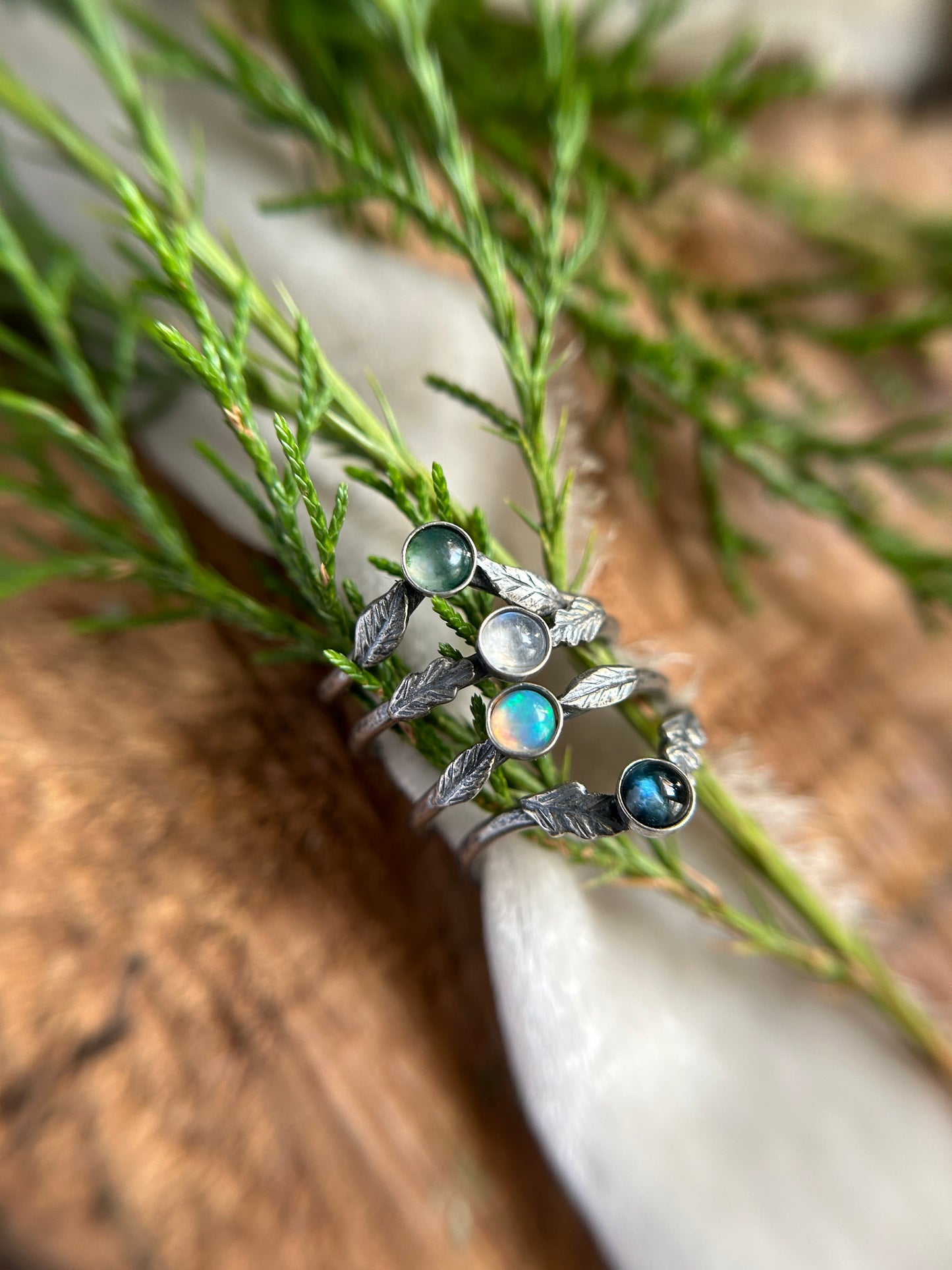 Custom woodland ring- opal and oak leaves sterling silver