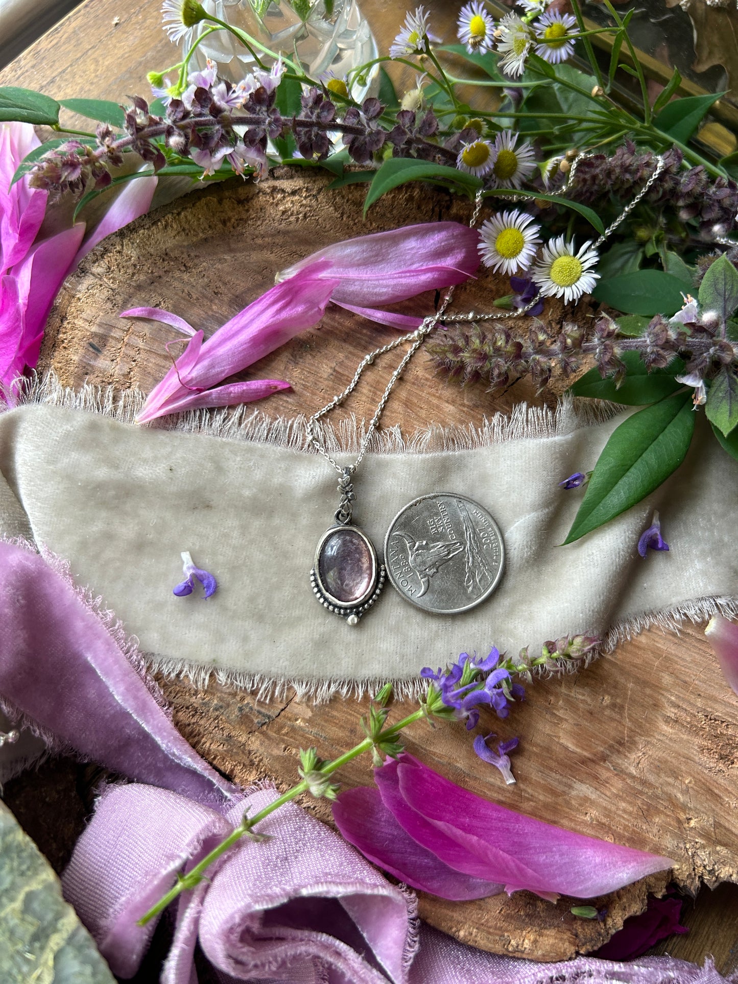 Lepidolite with Lilac Flower detail necklace- sterling silver jewelry