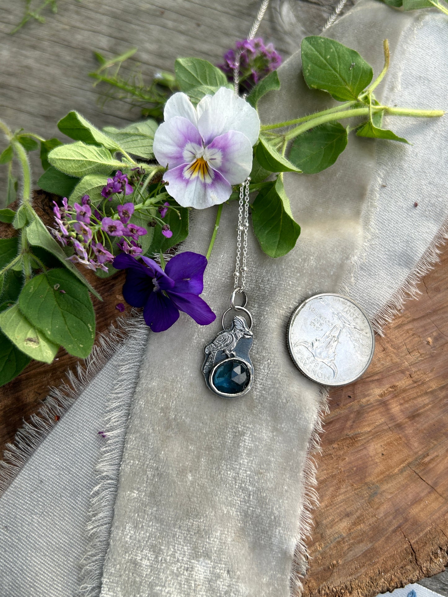 Blue Jay with London blue topaz necklace- sterling silver jewelry