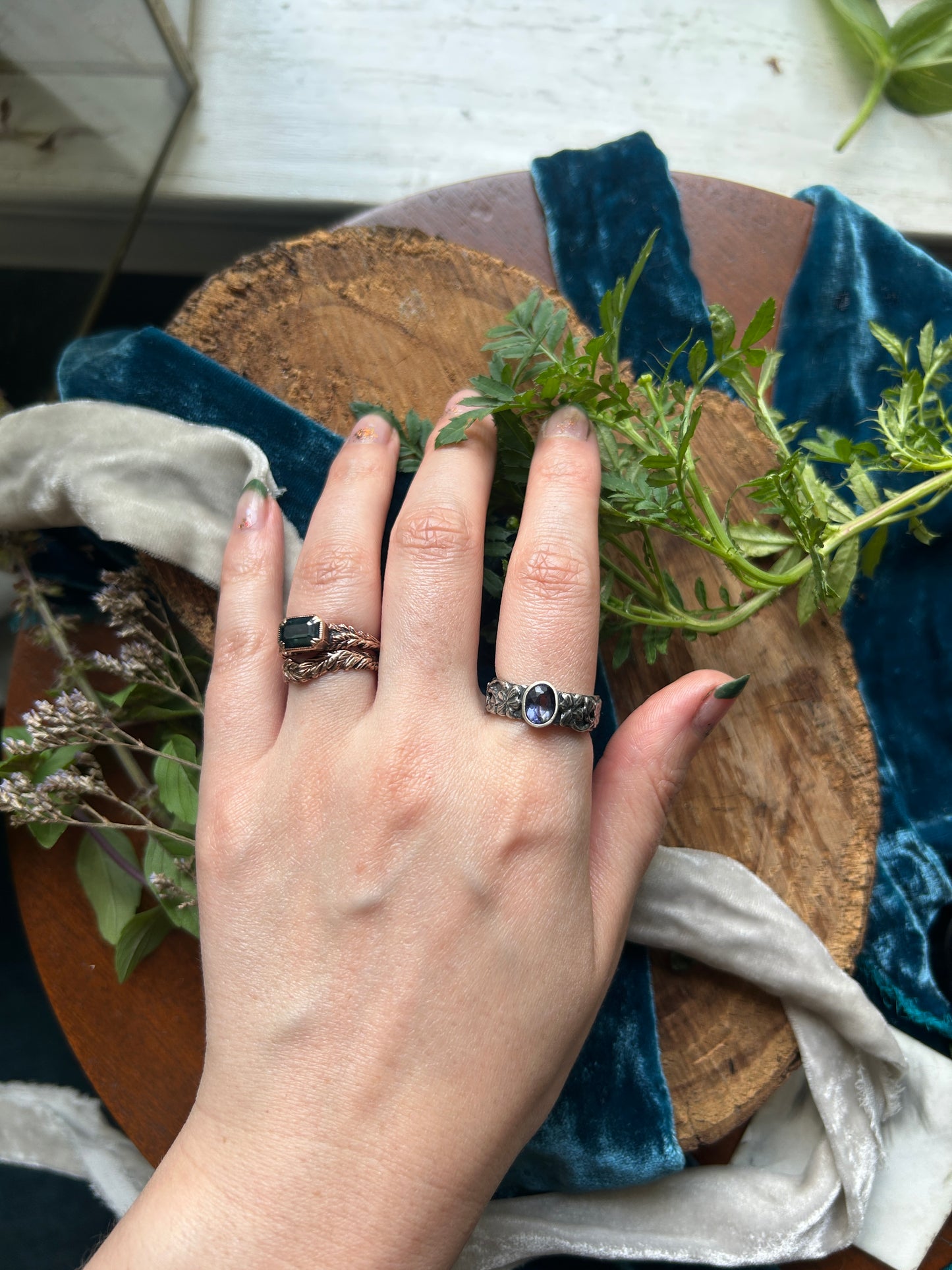 Woods Violet and Iolite wide hammered band ring- sterling silver jewelry