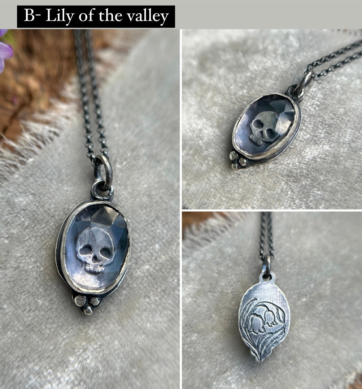 Amethyst skull necklaces-memento mori sterling silver ready to ship pendants