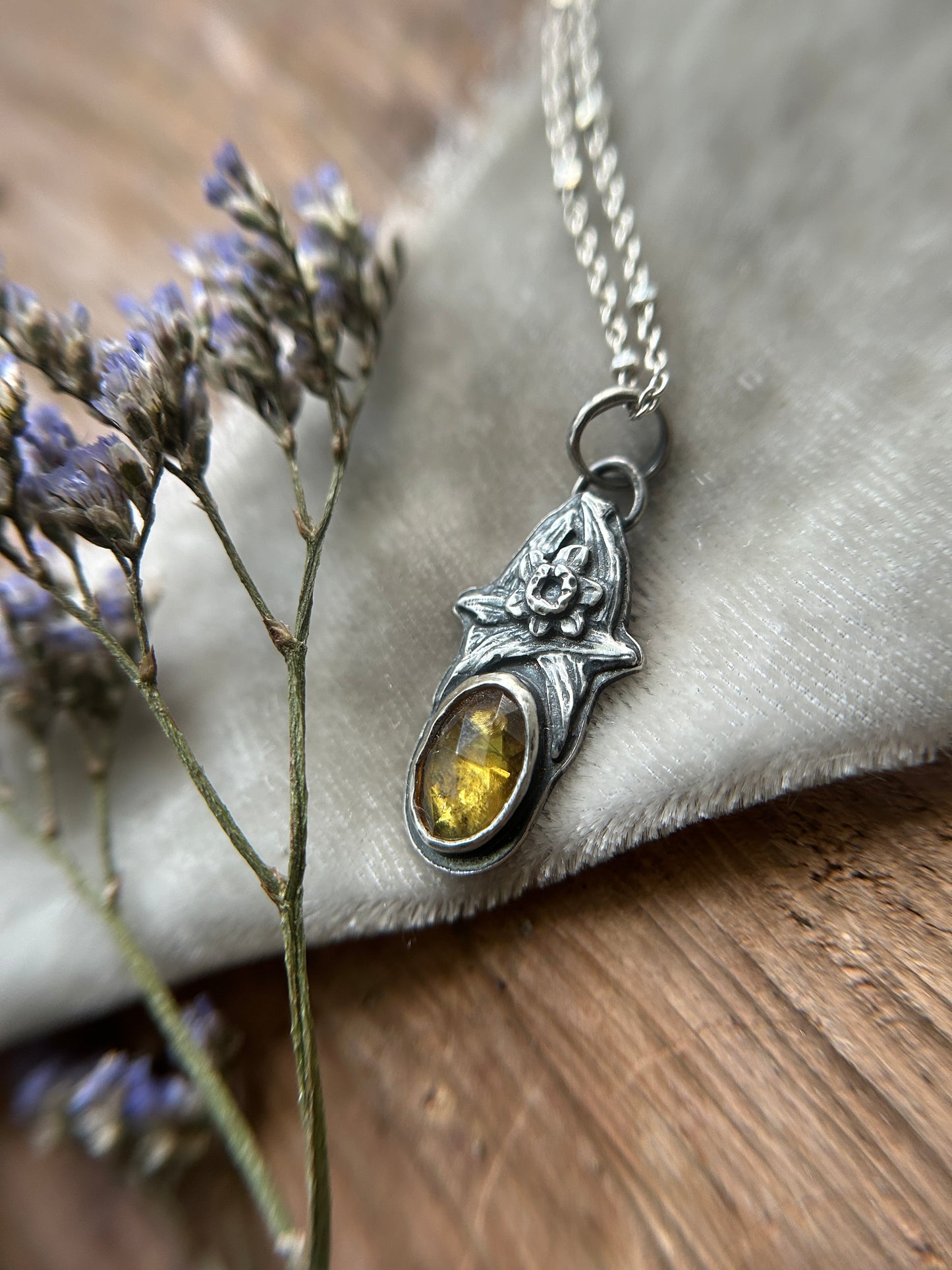 Sphene and Daffodil Necklace- sterling silver floral jewelry