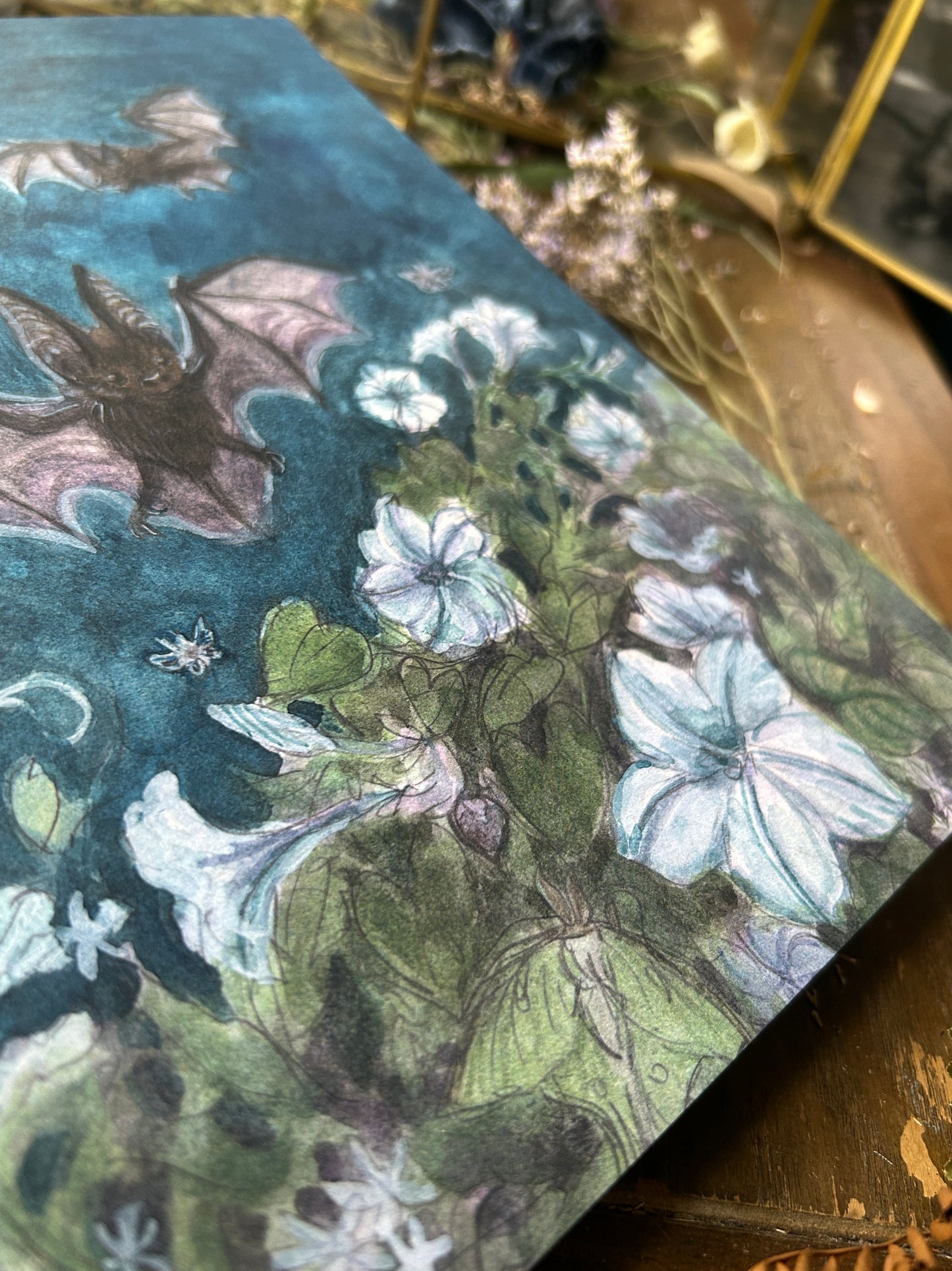 Art print-moonlit garden among bats & moths with moonflowers and star jasmine- 8x10 inches watercolor print