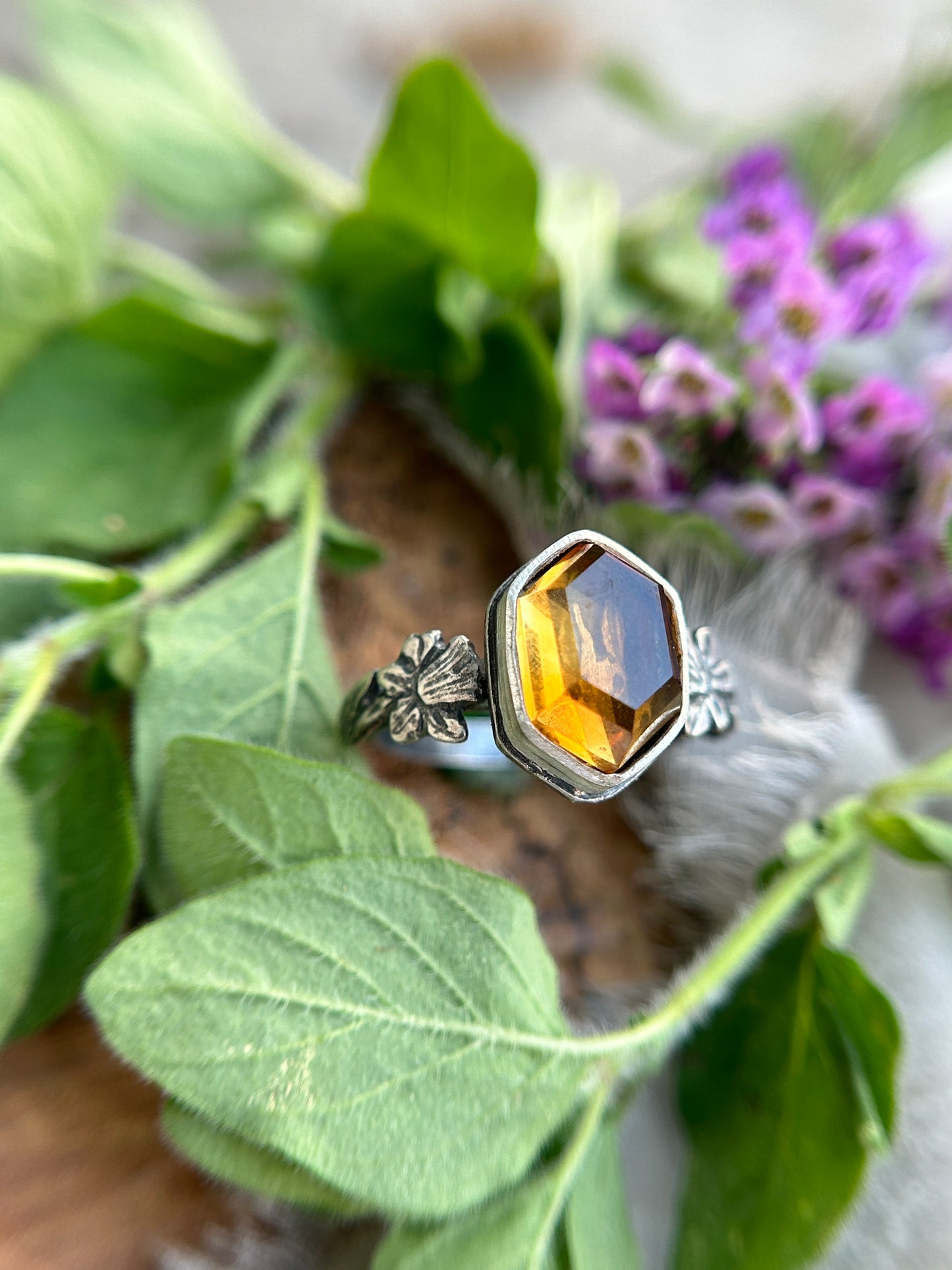 Build your own citrine hexagon ring- choice of skull, rabbit, or fox and choice of side plant accent