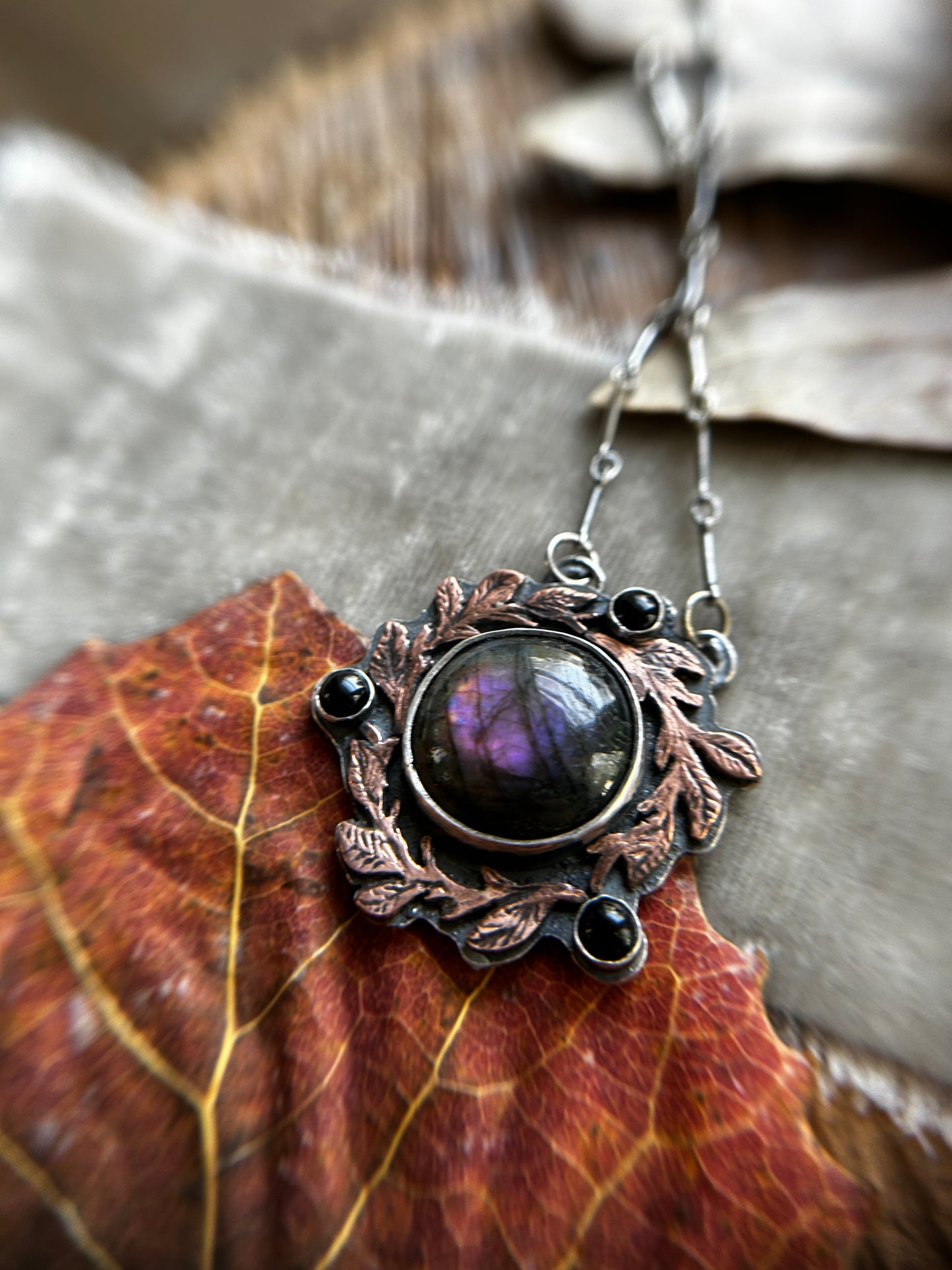 Autumnal Blackberry Vines with Purple Labradorite and Black Onyx- Sterling silver and copper jewelry